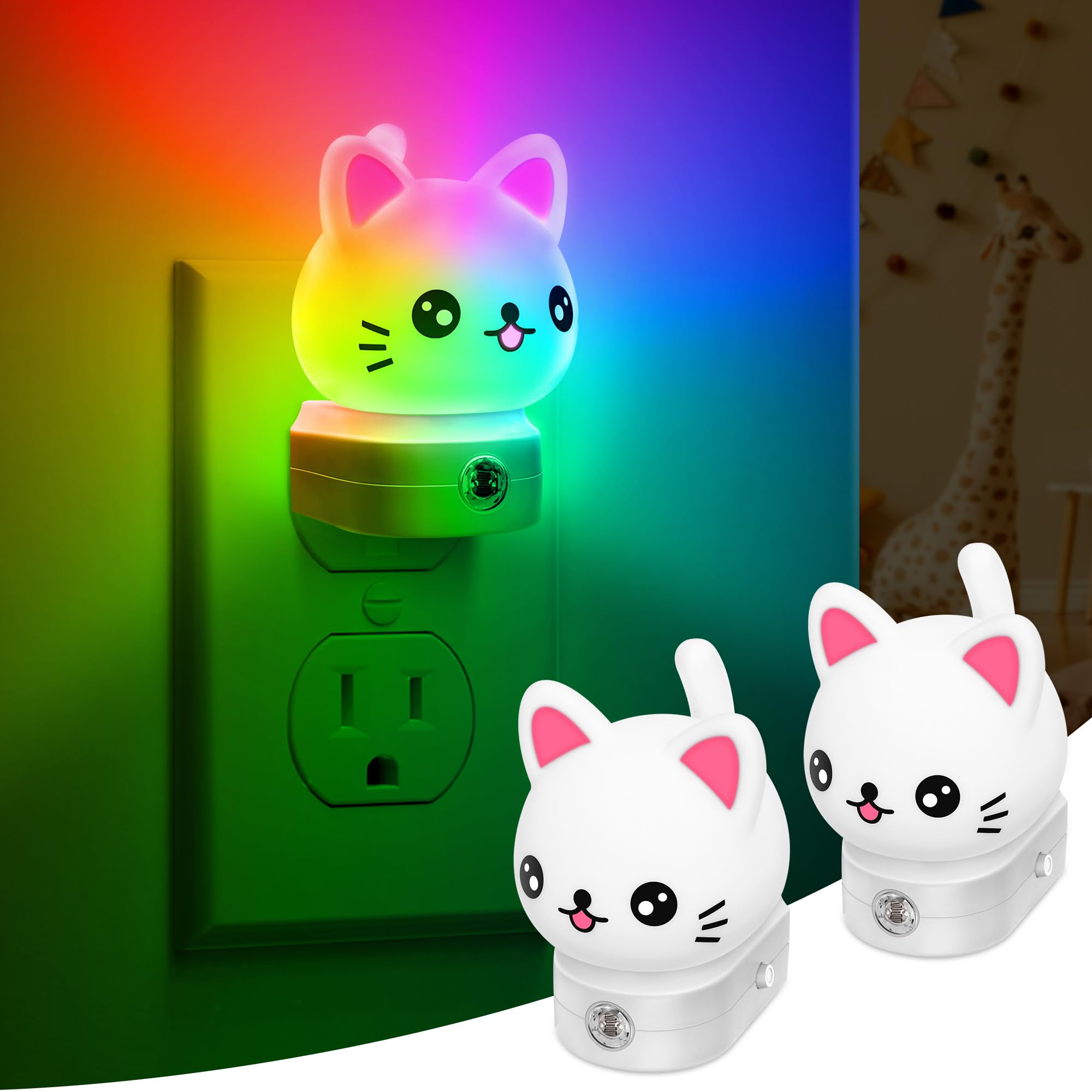 Cat Night Lights Plug Into Wall [2 Pack], Cute Night Light for Kids, 8-Color RGB LED Night Light, Nightlight with Dusk to Dawn S
