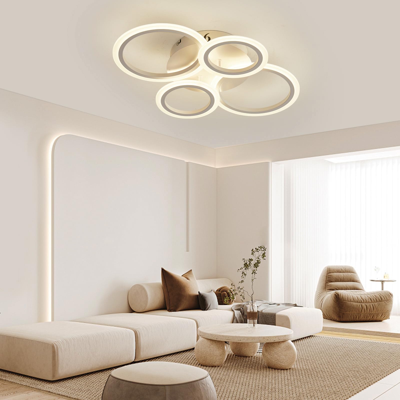 Cyaruy Led Ceiling Light With Remote, 3000K-6500K Dimmable, 4-Ring White Round Chandelier, Semi-Flush Mount Ceiling Lamp For Liv