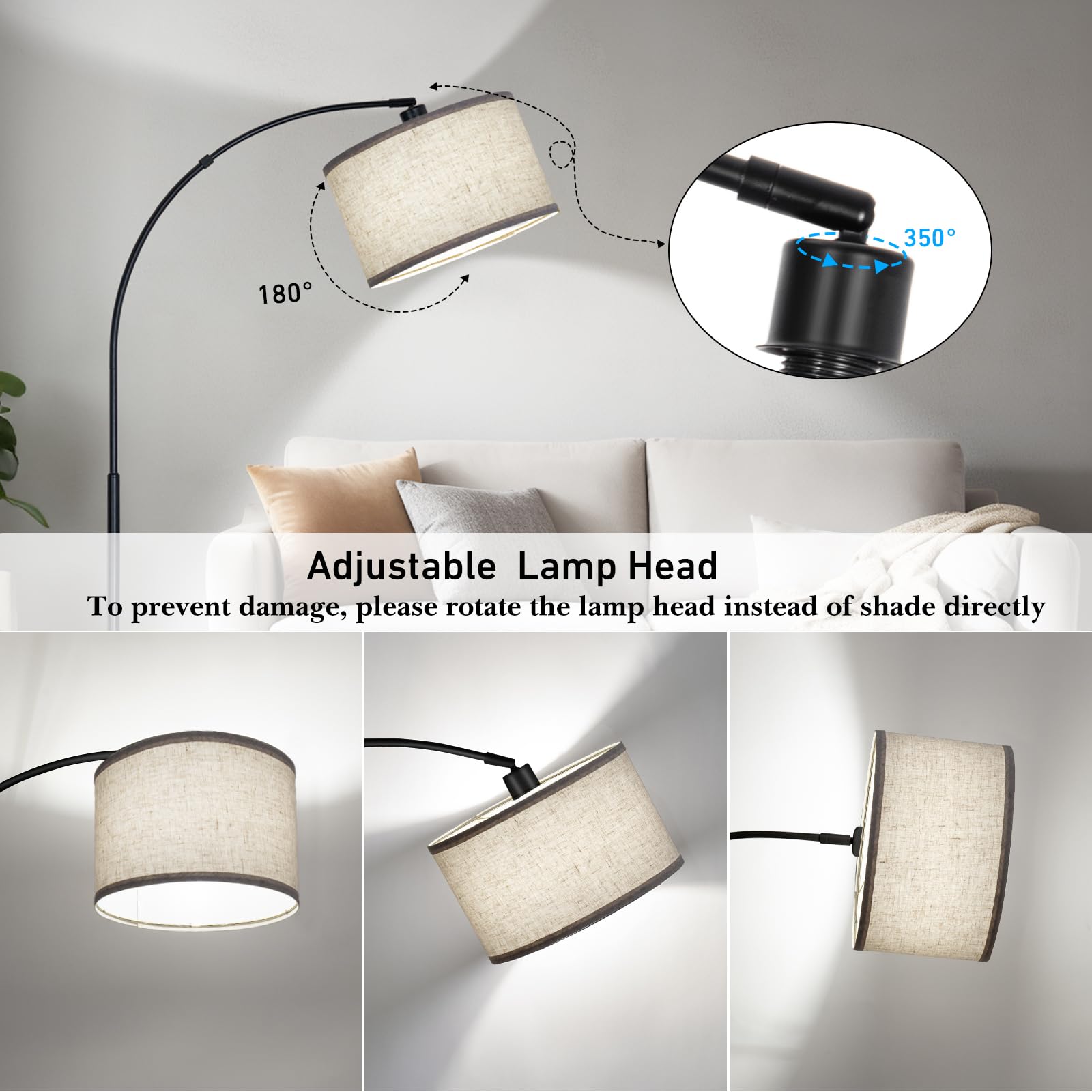 Black Arc Floor Lamps For Living Room,Modern Standing Lamp With Adjustable Drum Lampshade Tall Pole Lamp With Foot Switch Over C