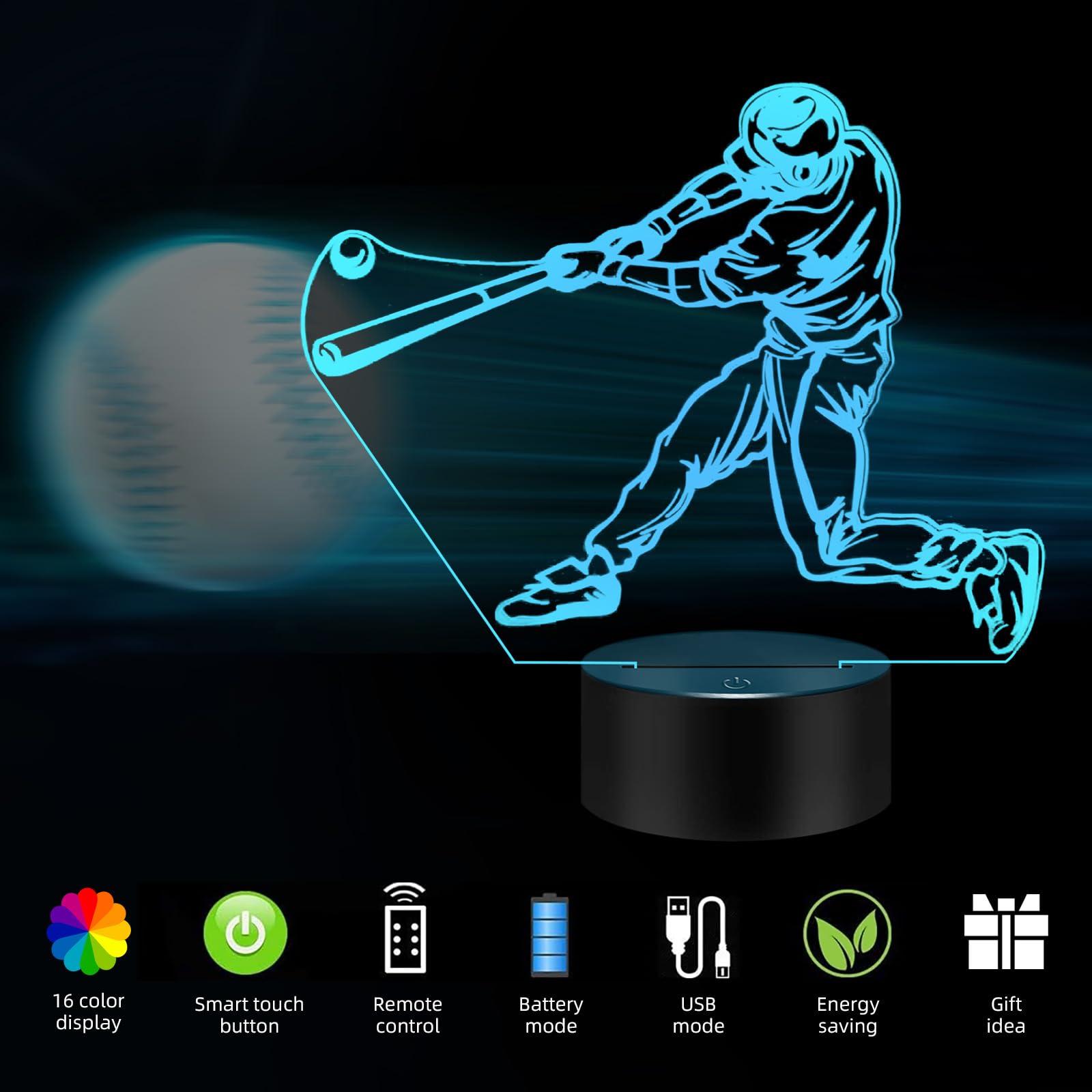 Menomino Baseball Gift 3D Night Light, 16 Colors Changes Remote Control Motocross Lamp, Led Room Decor, Baseball Toys, Birthday