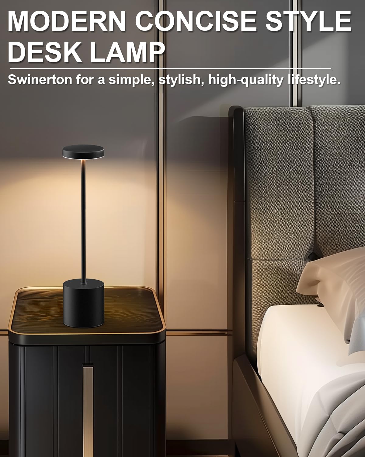 Swinerton Cordless Table Lamp - Rechargeable LED, 5000mAh Battery, 3 Color Dimmable, Portable for Outdoor/Indoor Use, Black, Model 9061S