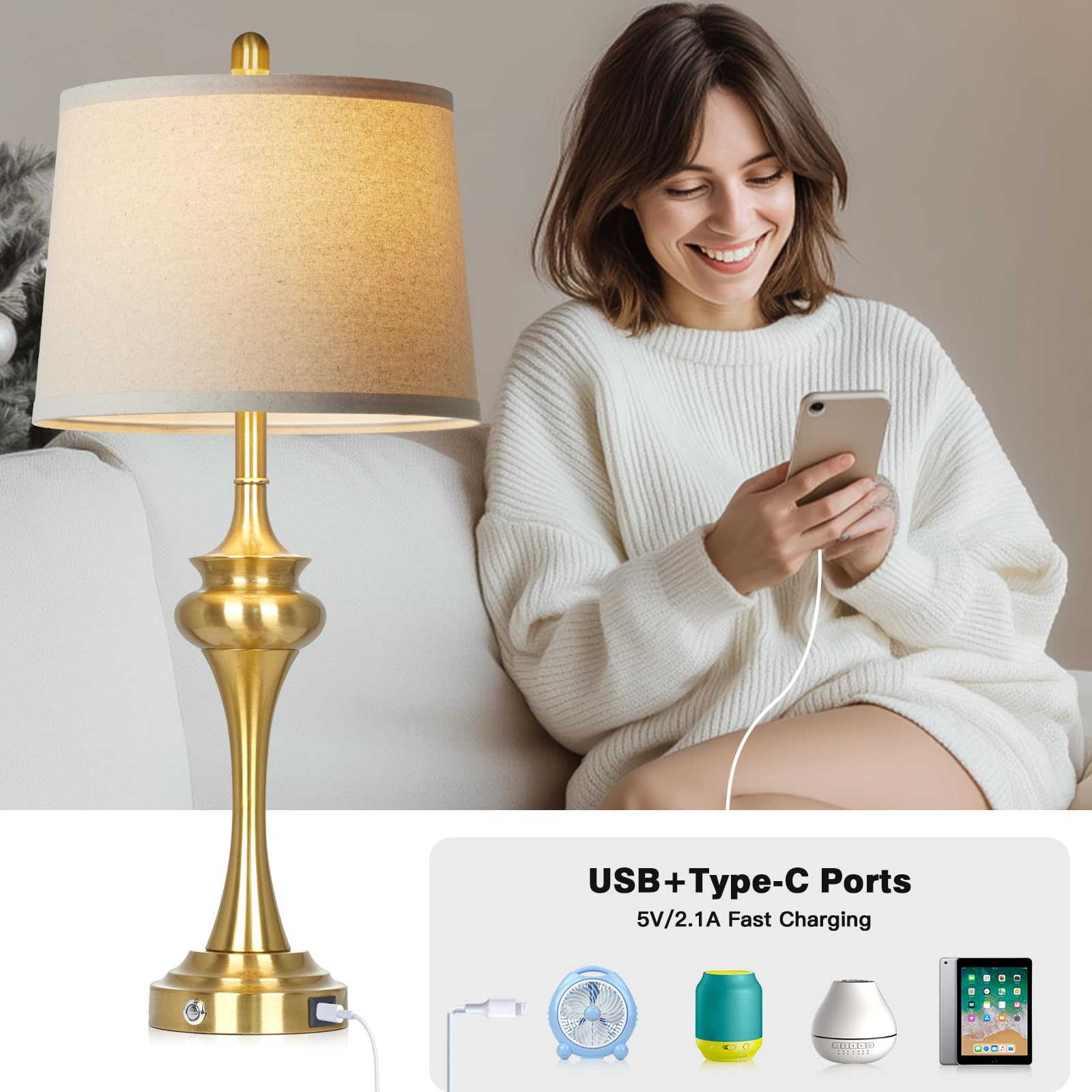 Rinweey 30in Gold Metal Touch Control Table Lamp Set of 2 with USB Ports, Modern Bedside Lighting, Model TD-RW-626