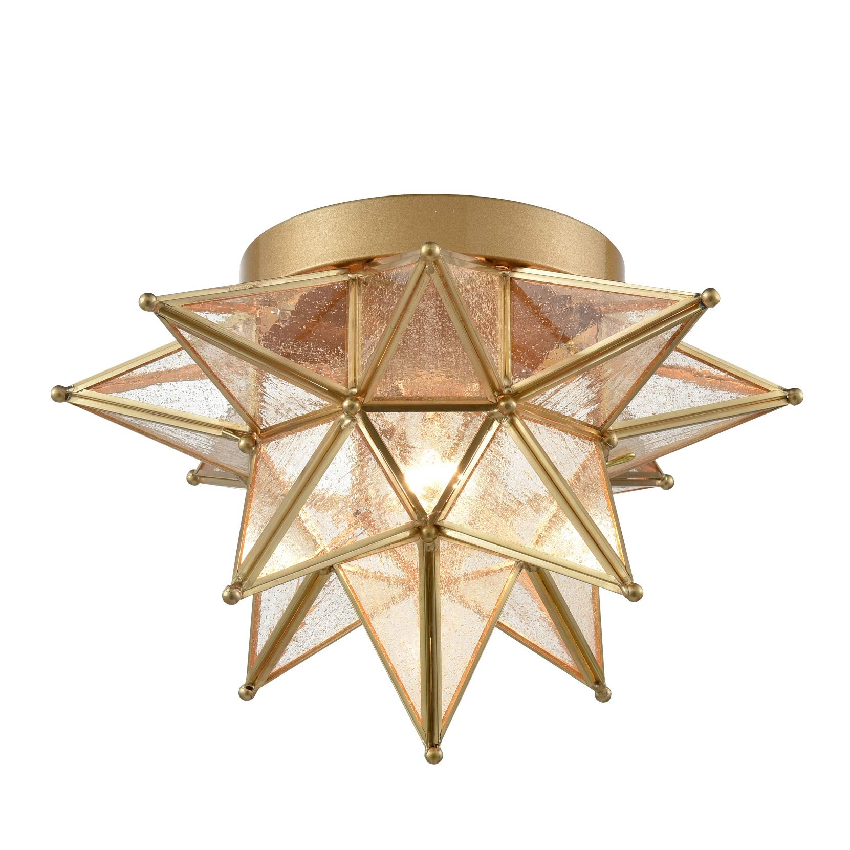 DAYCENT Brass Ceiling Light Flush Mount, Moravian Star Design, Seeded Glass Shade, 12.7-In, Model DZ32069U-J