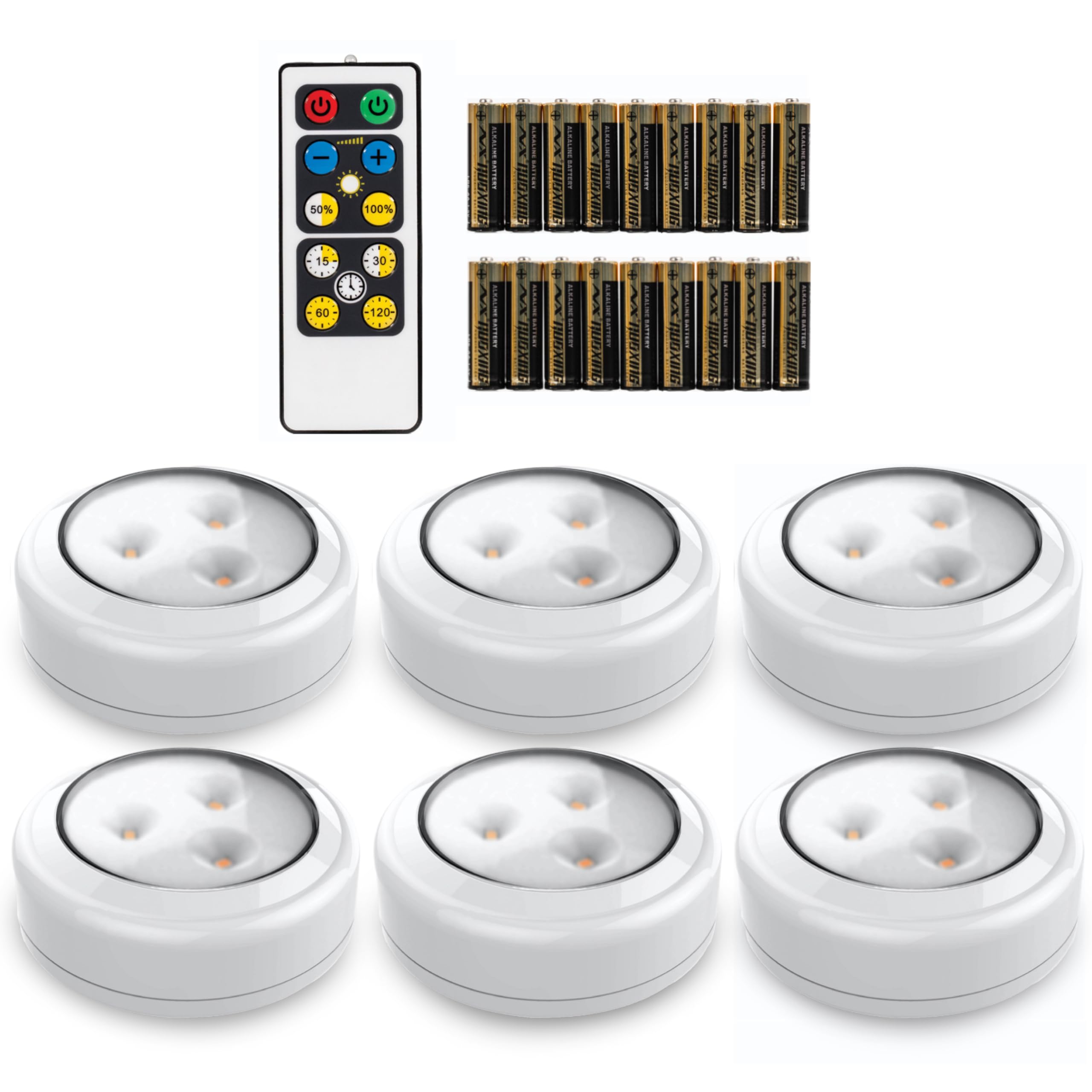 Brilliant Evolution Tap Light Push Lights 6pk with 18 AA Batteries Included + Remote - LED Stick On Lights Under Cabinets Puck L