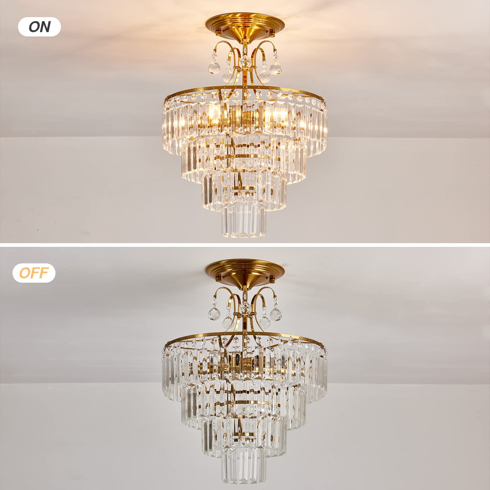 CVKASH 5-Light Crystal Gold Chandelier, Modern Semi Flush Mount Ceiling Light, 15.3 Inch, E12, Model W-1102