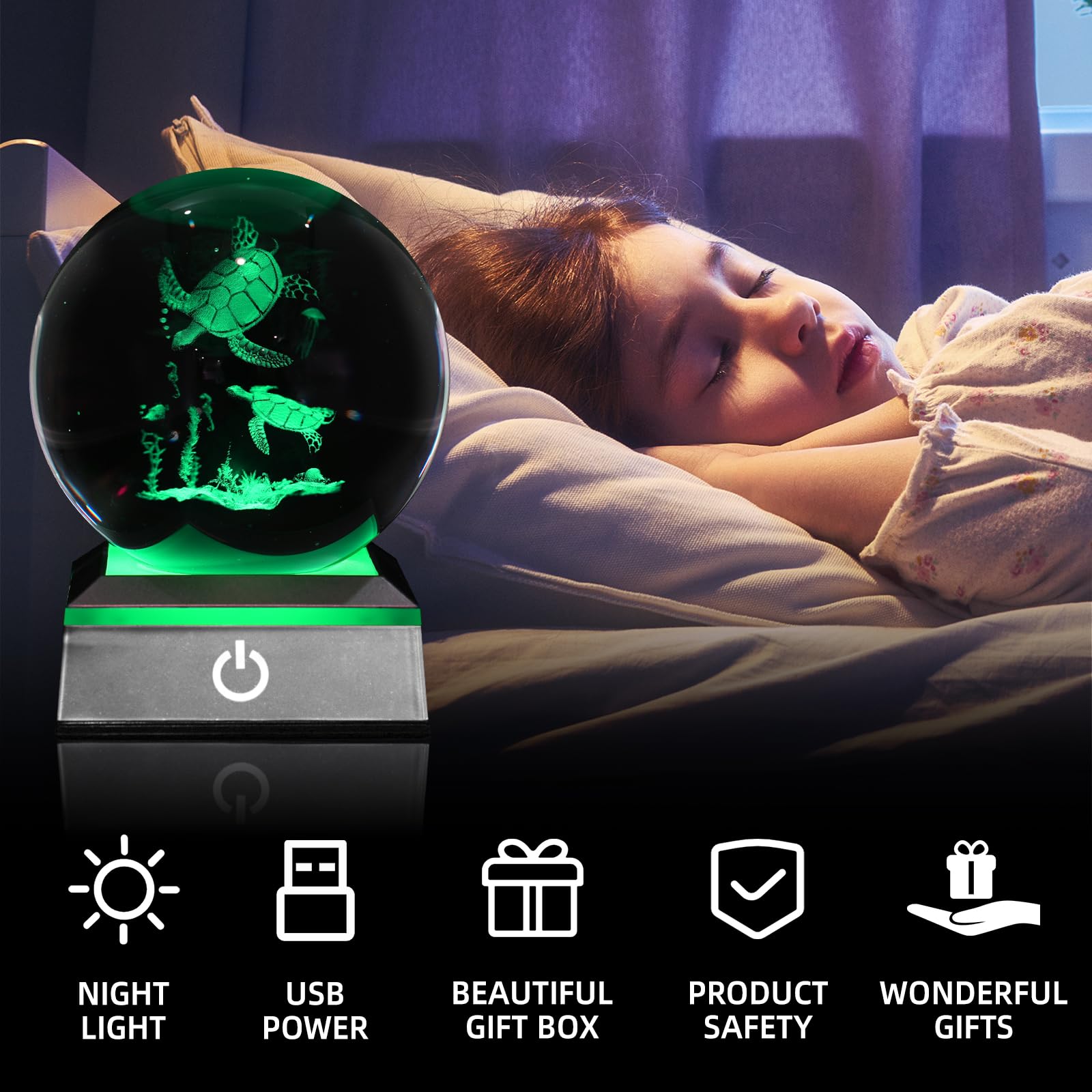 Oriamde 3D Sea Turtle Crystal Ball Night Light - 3.15" LED Touch Lamp, Color Changing Decor for Kids, Gifts for Christmas & Birthdays
