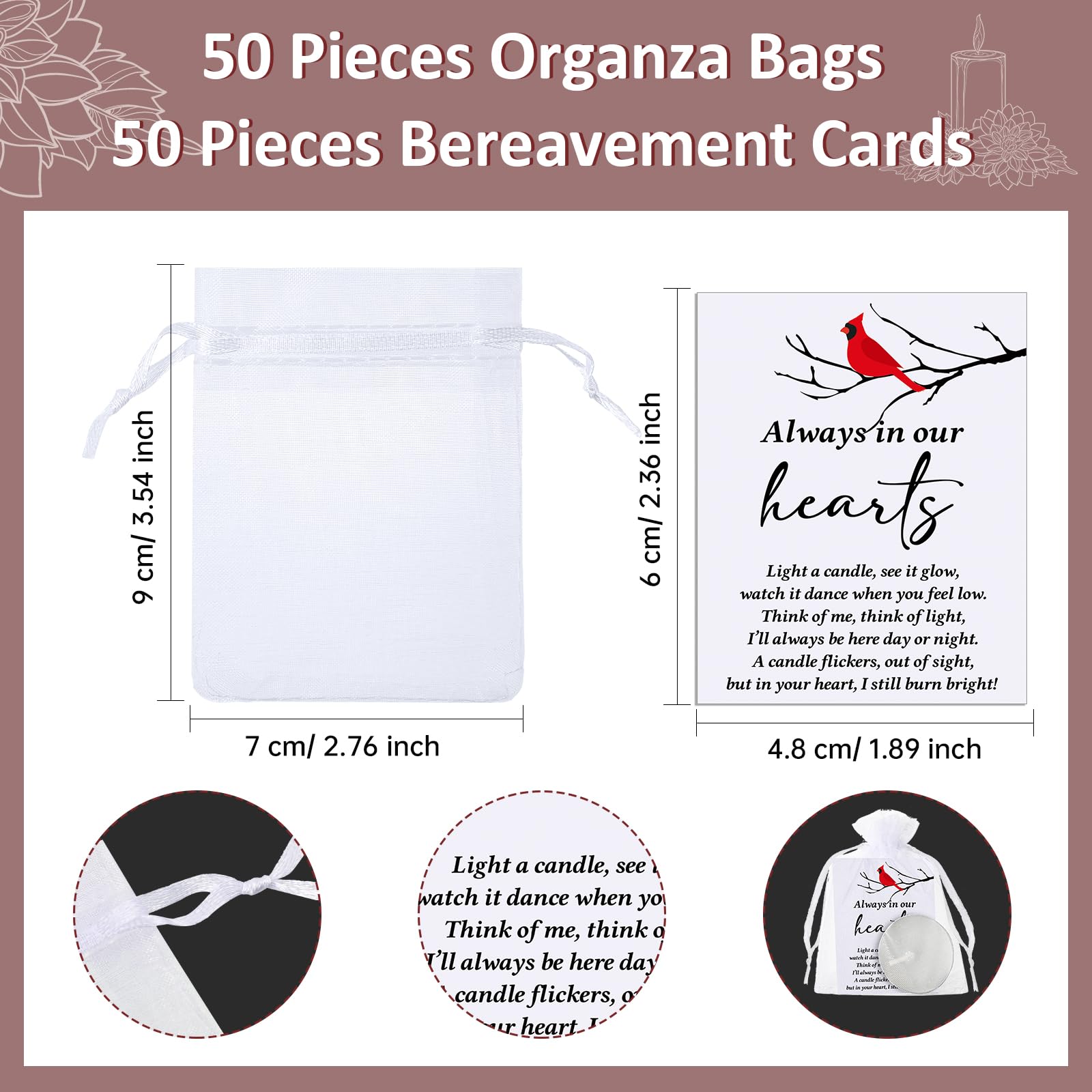 Coume 50 Set Funeral Party Favors Memorial White Candles Unscented Funeral Gifts Tealight Candles With Condolence Bereavement Cards, Organza Bags For Guest Celebration Of Life Decorations (Cardinal)