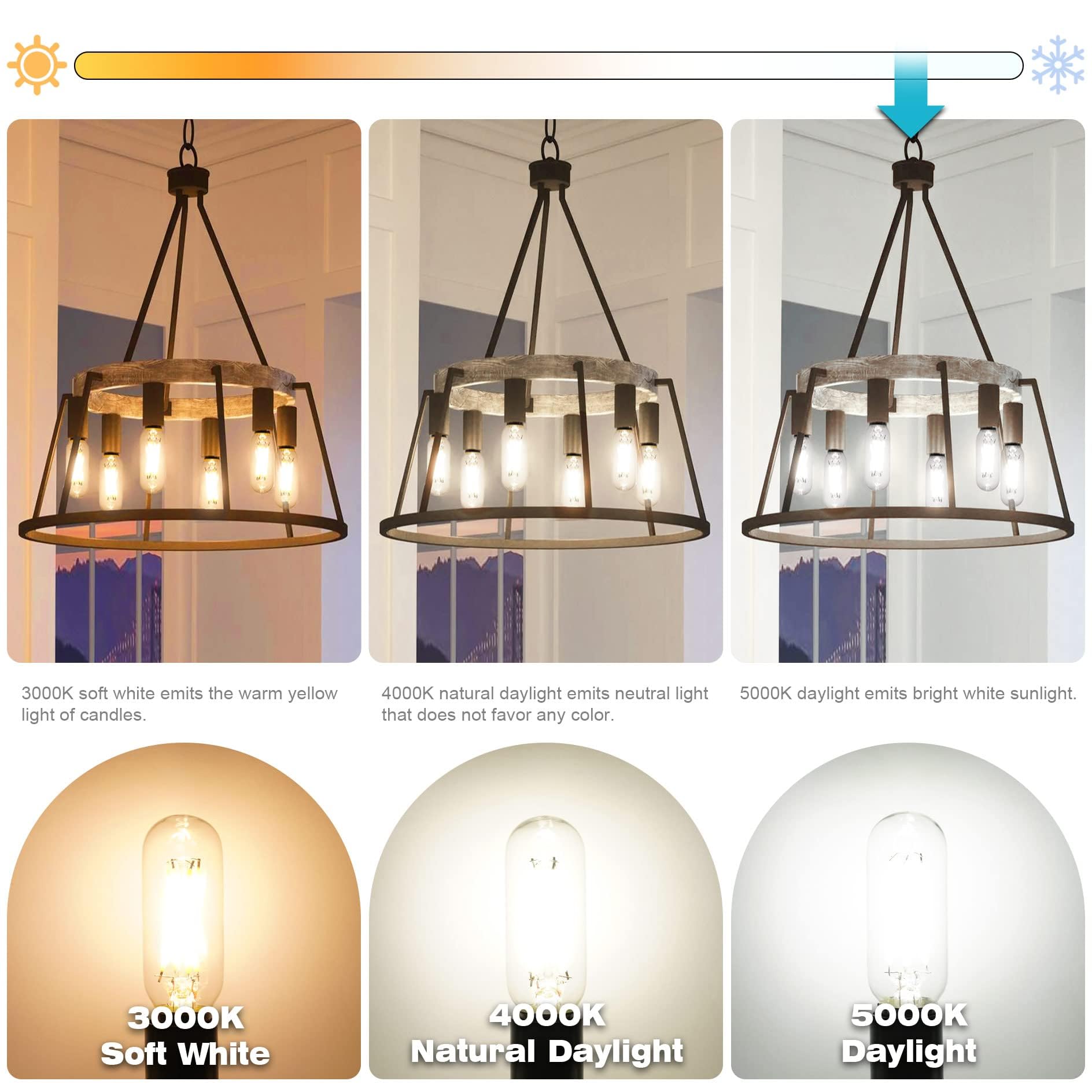 Hansang E12 Edison Chandelier Bulbs, Candelabra Base Led, 40W Equivalent, 5000K Daylight, Dimmable T6 Tube Shape Filament Candle