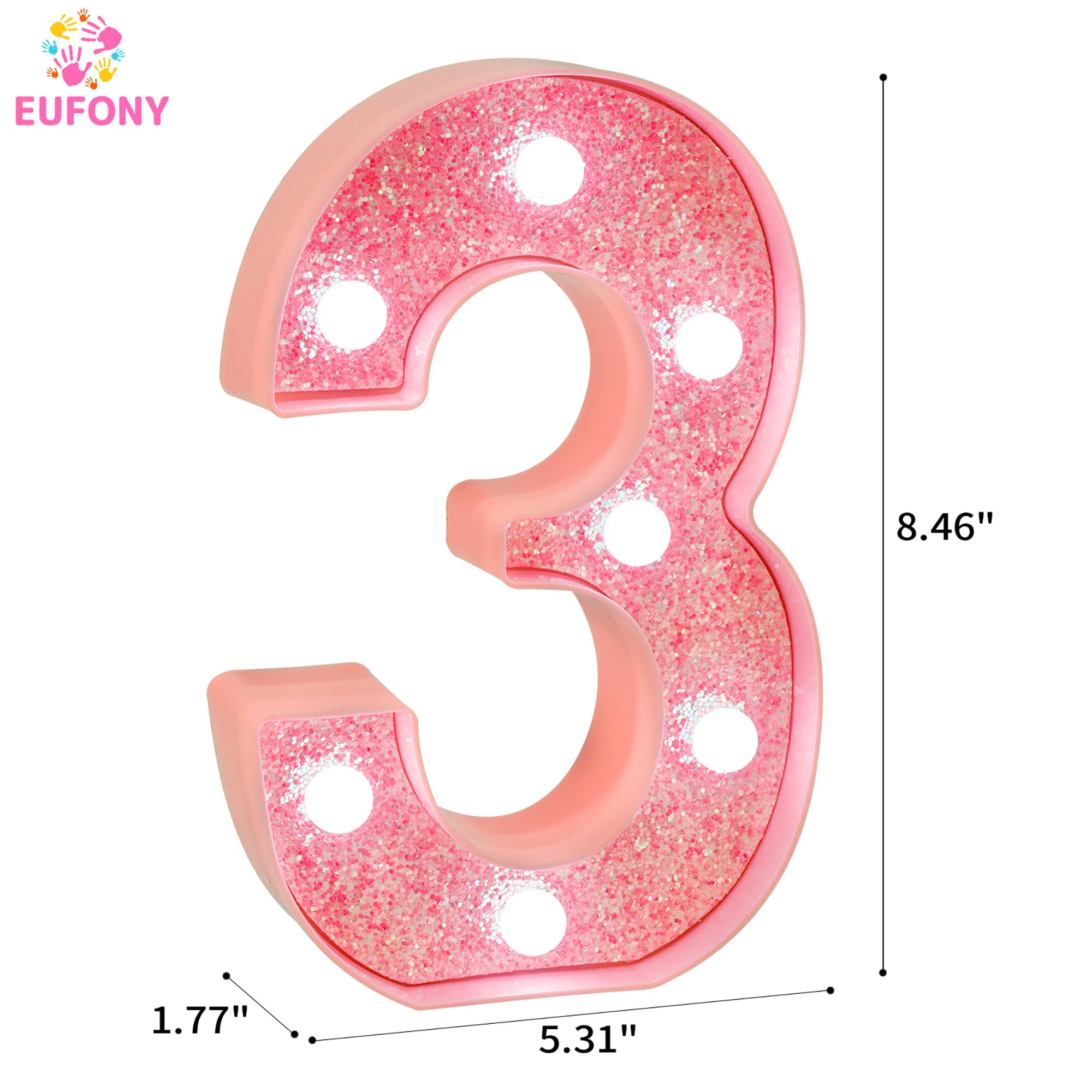EUFONY Pink Glitter LED Marquee Light Up Number 3 with Cool White Lights, Battery-Powered Numbers sign for Girls Birthday Party