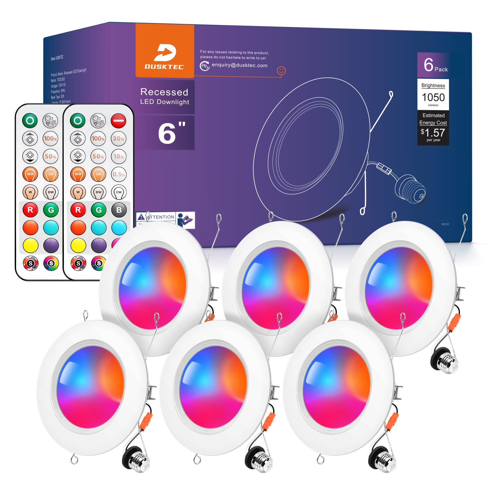 DUSKTEC LED Recessed Lighting 6 Inch - RGBCW Color Changing 13W LED Can Lights with Remote Control Retrofit Recessed Lights 1050