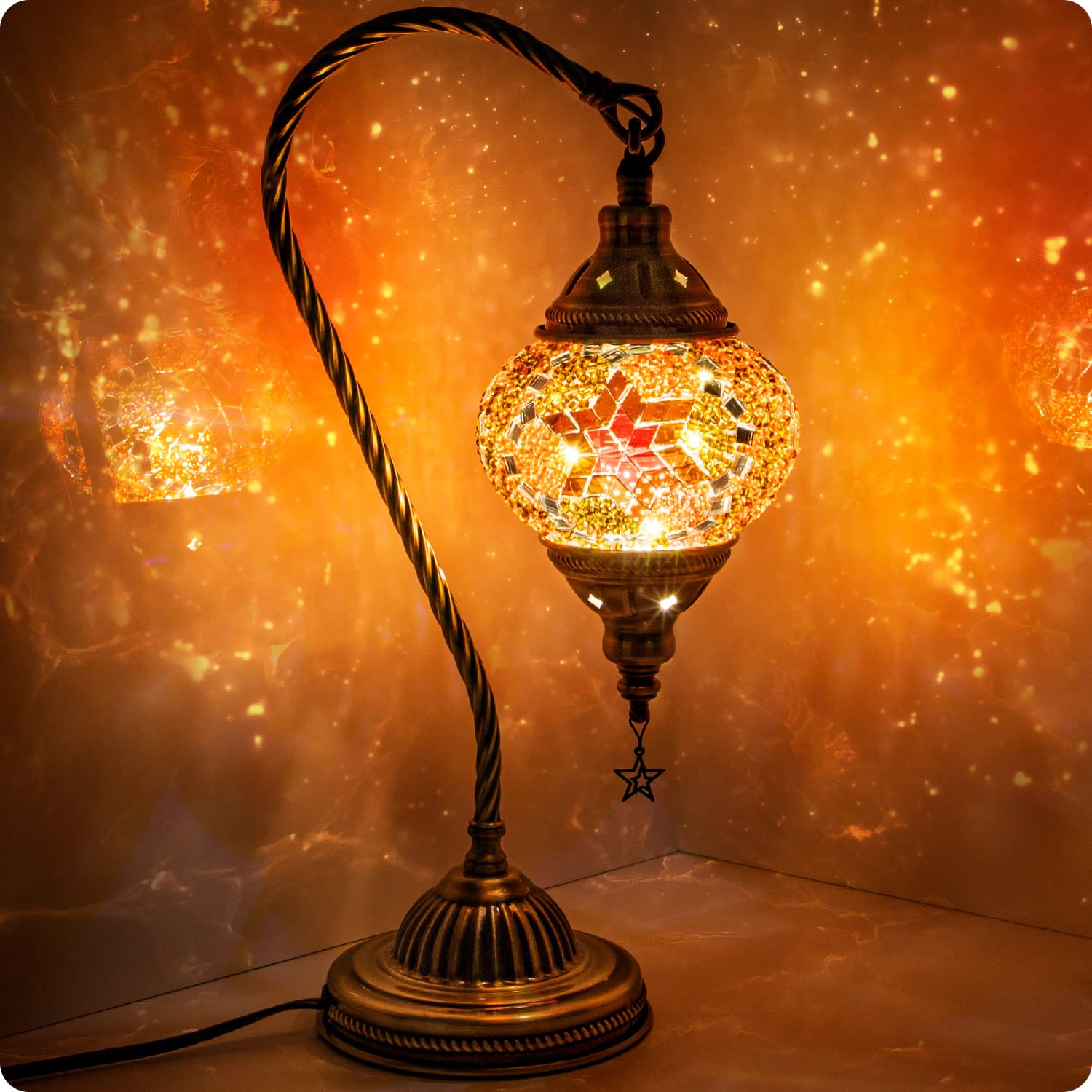 Yarra-Decor Turkish Moroccan Lamp, Bronze Base, 3-Way Color Changing, Handmade Tiffany Mosaic Glass, LED Bulb Included, Red2