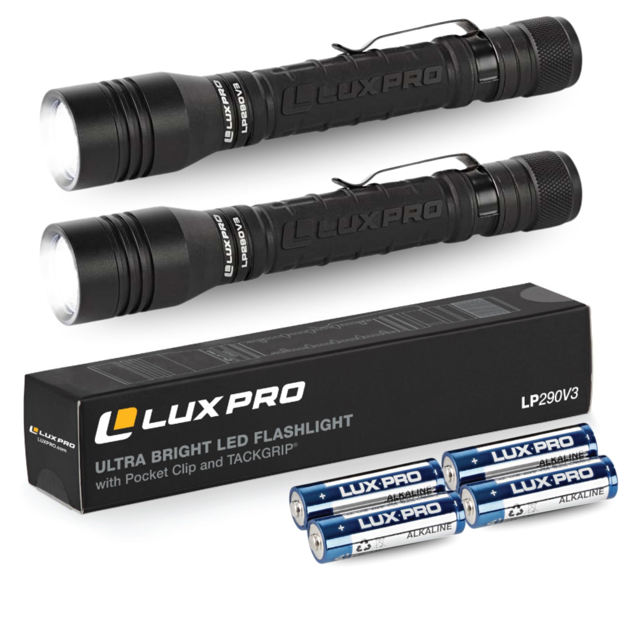 LUXPRO LP290V3 LED Flashlight, 300 Lumens, 3 Light Modes, Aluminum, Black, 2 Pack