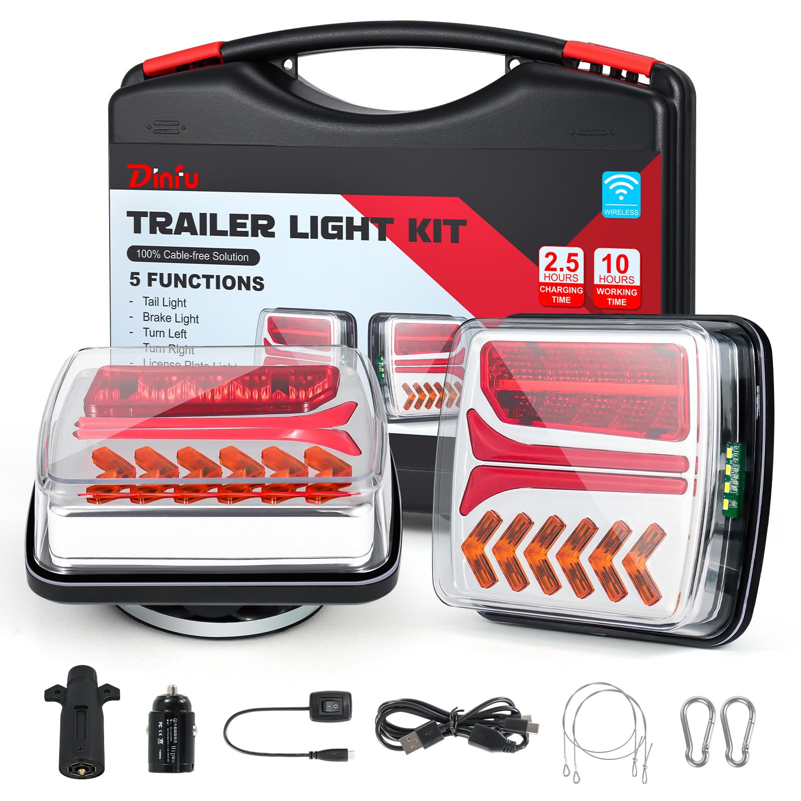 Dinfu Wireless Trailer Lights Magnetic Wireless Tow Lights Kit with USB-C Charging Rechargeable IP67 Waterproof for Trucks Trailers Caravans Campers RVs Boat - Turn Signal Brake Running Lights