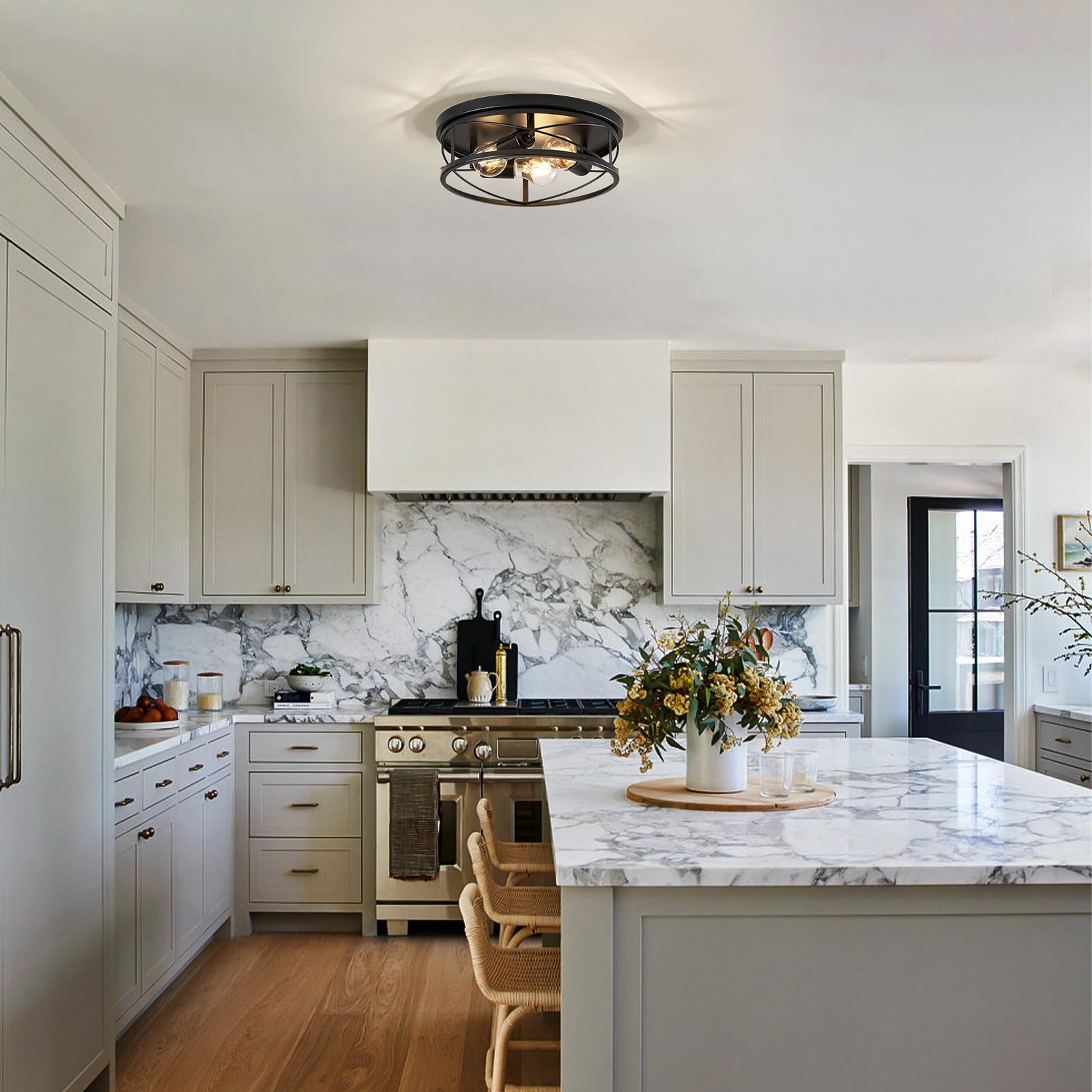 Violoemi Farmhouse Light Fixtures, Black Round Metal Flush Mount Ceiling Light, 3-Light Cage Ceiling Lamp For Kitchen, Foyer, Be