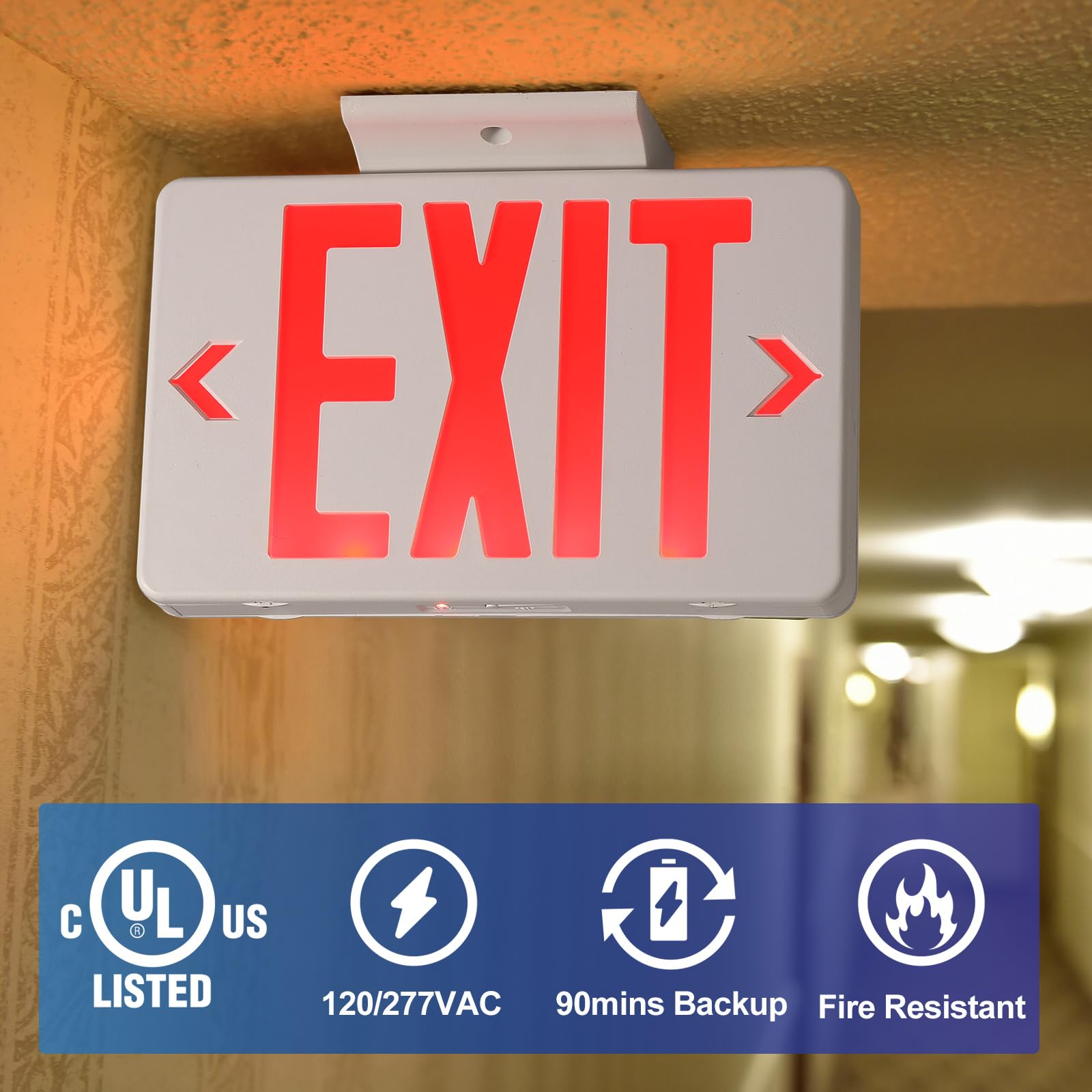 Tanlux Red Exit Sign, Led Emergency Exit Light With Battery Backup, Ul Listed, Ac 120/277V, Hardwired Exit Signs With Emergency Lights, Commercial Emergency Lights For Business - 1 Pack