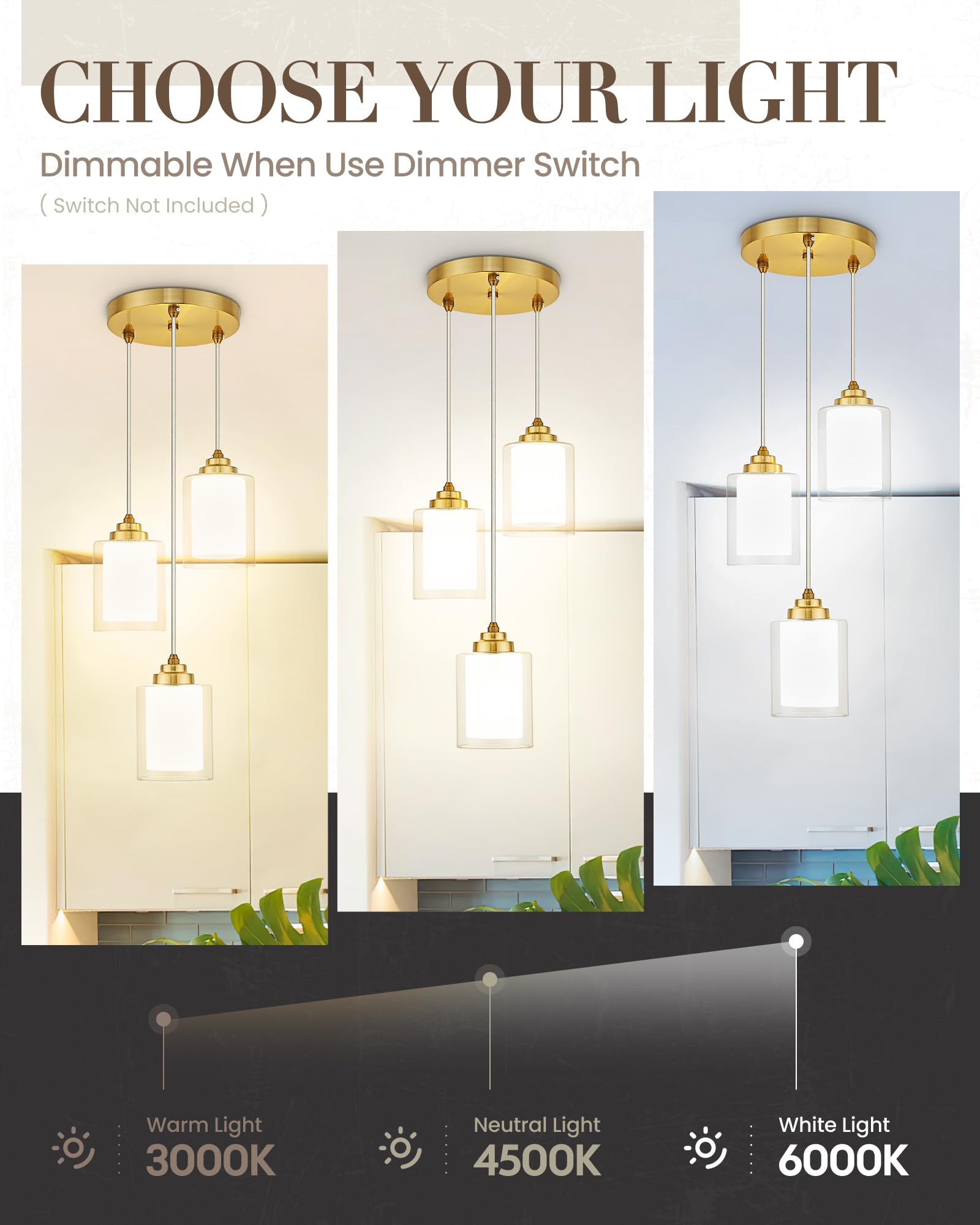 Tengxin 3 Light Pendant Light,Brushed Gold Modern Pendant Light For Kitchen Island,Dual Glass Shade,Farmhouse Pendant Lighting F