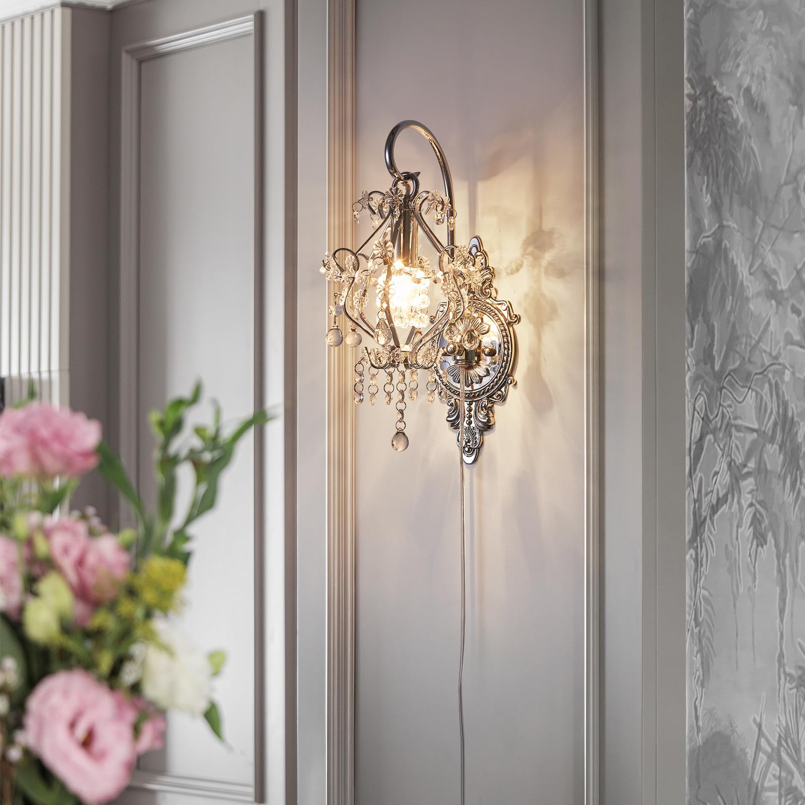 Fetason 2 Pack Vintage Crystal Wall Sconces, Silver Plug-in Indoor Lighting, E12 LED Compatible, Model FT603
