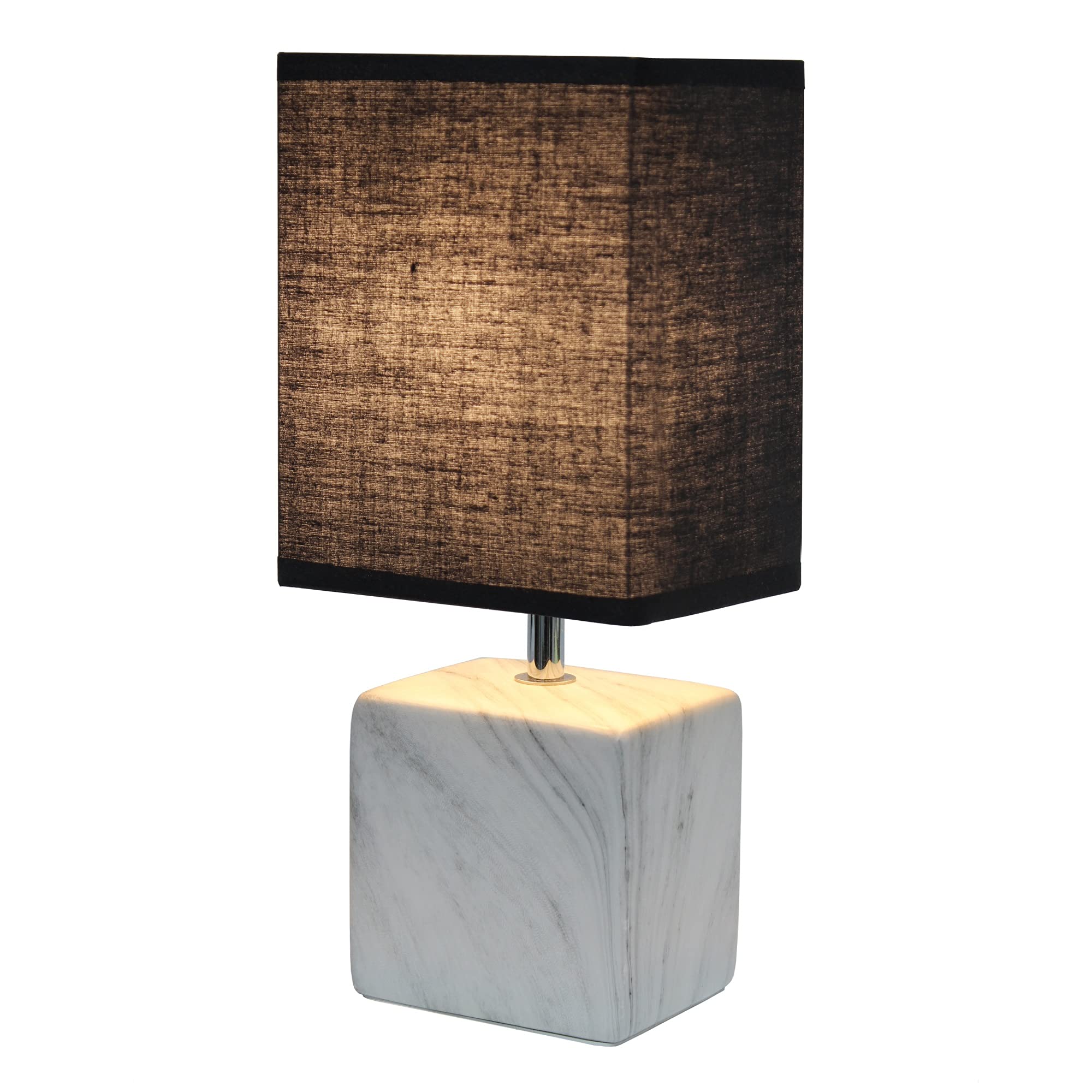 Simple Designs Lt2071-Wob Mini Petite White Gray Marbled Ceramic Bedside Table Lamp With Black Shade