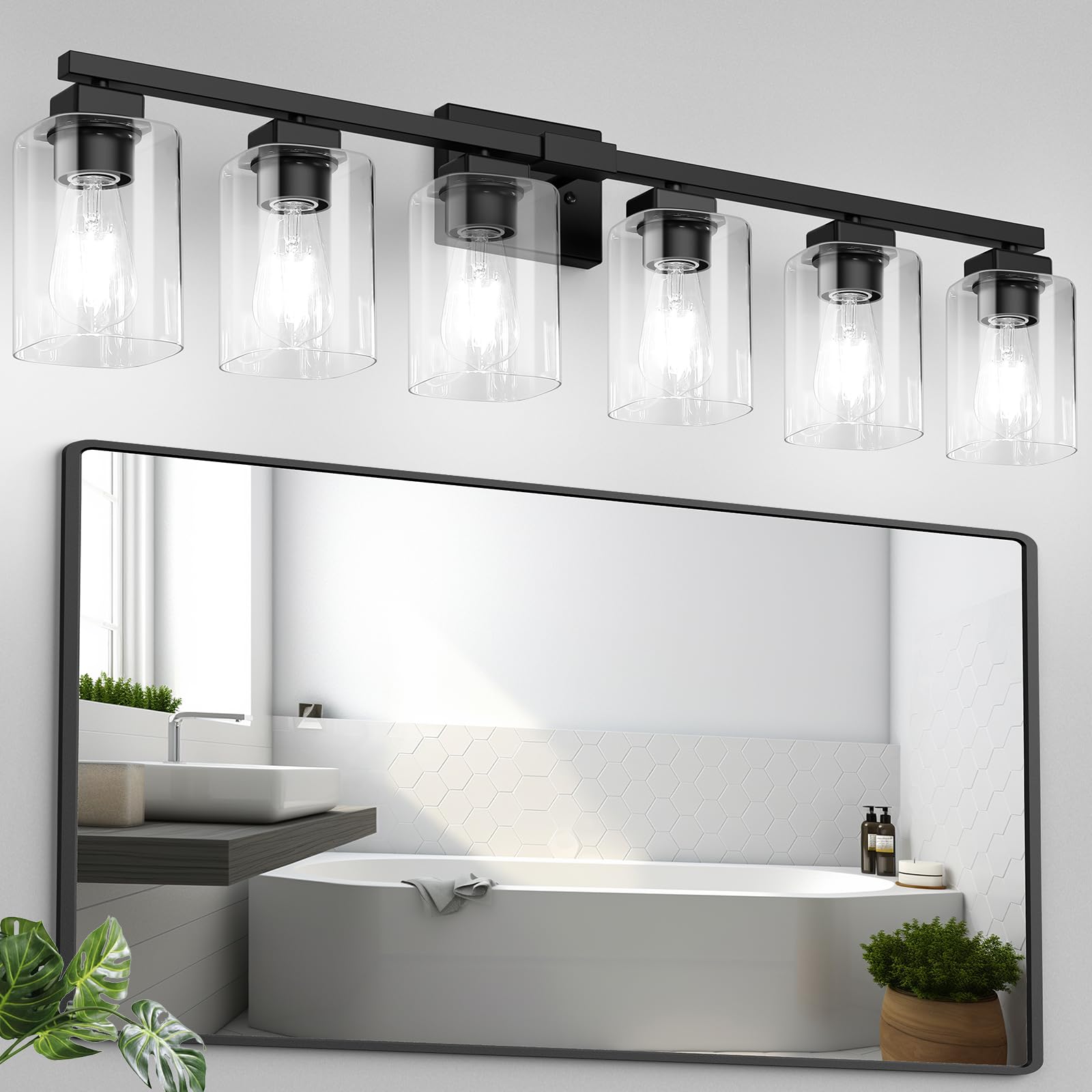 Beslowe 6-Light Bathroom Light Fixtures, Modern Black Vanity Light, Bathroom Lighting Fixtures Over Mirror, Matte Black Bathroom
