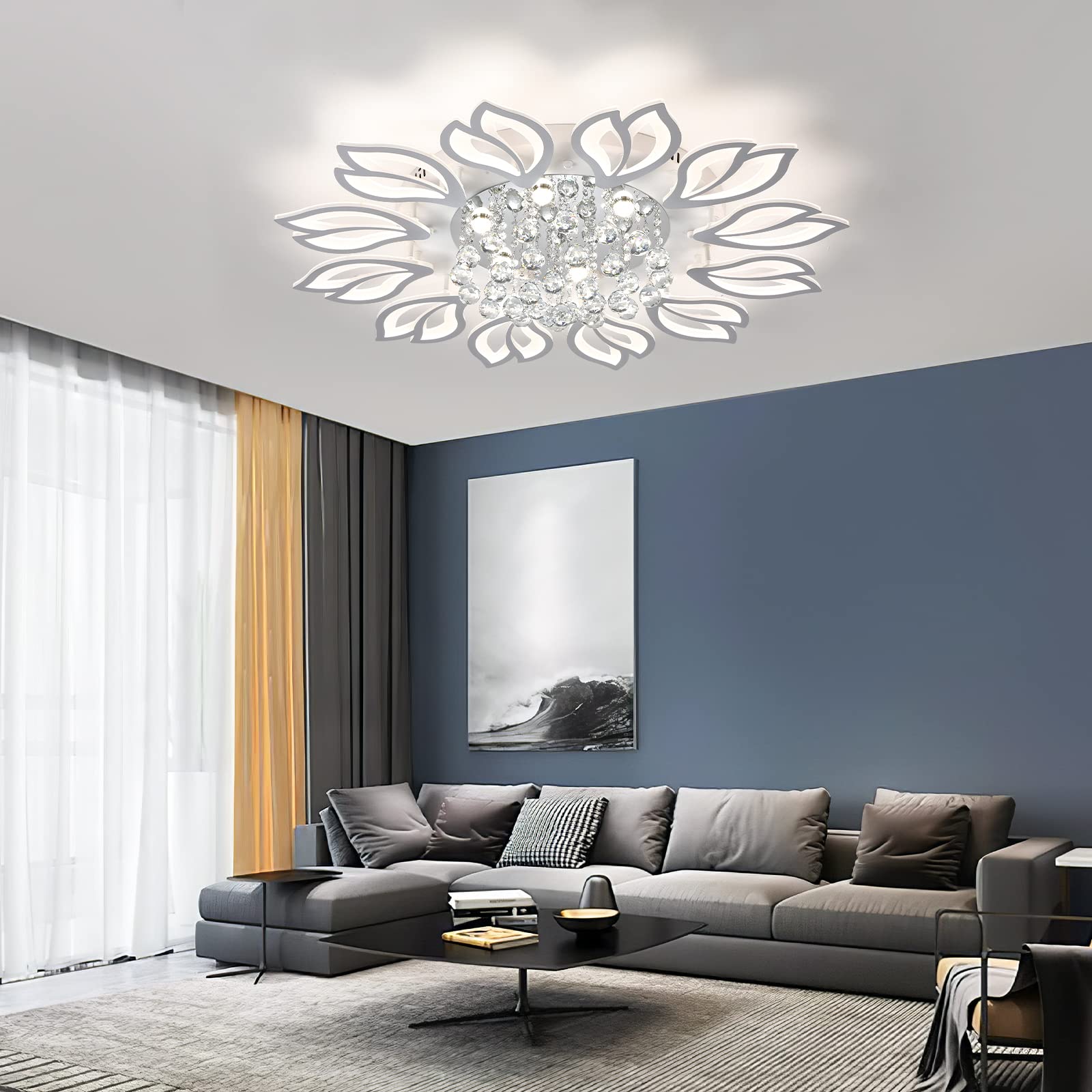 Garwarm Modern Ceiling Light 40.7 In Dining Room Light Fixture 12 Petals Flower Flush Mount Ceiling Lights Chandelier Bedroom Living Room Kitchen Office Lighting Fixture 100W White