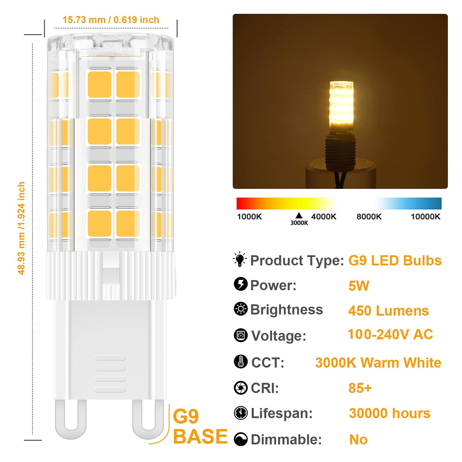TopLeder G9 LED Bulbs, 5W 450LM Warm White 3000K, Non-Dimmable, 120V Bi Pin Base, 6-Pack