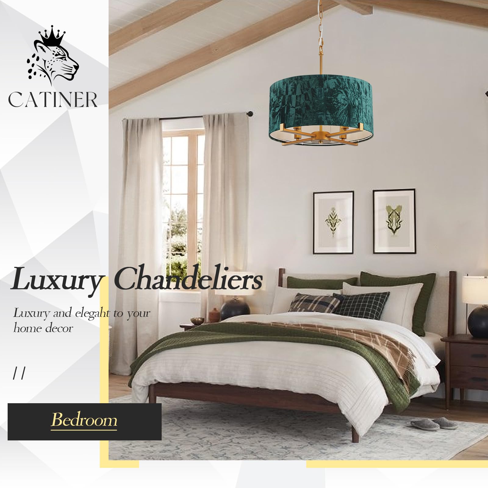 CATINER 4-Light Drum Pendant Chandelier, Vintage Gold & Emerald Green, 18” Round, Metal Velvet Shade, Model P96450GG1