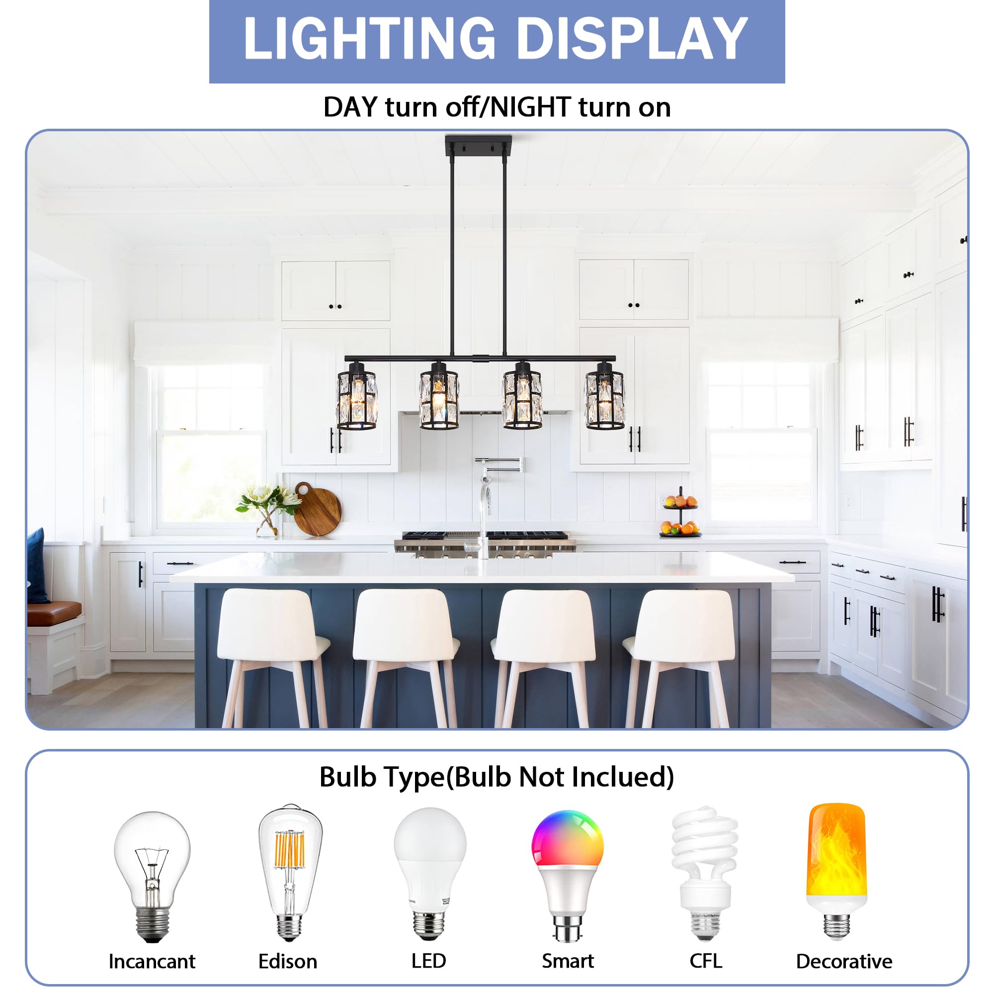 MEXO Crystal Pendant Light Fixture, Matte Black Chandelier for Kitchen Island, Model 10068-BK, Close to Ceiling Lighting