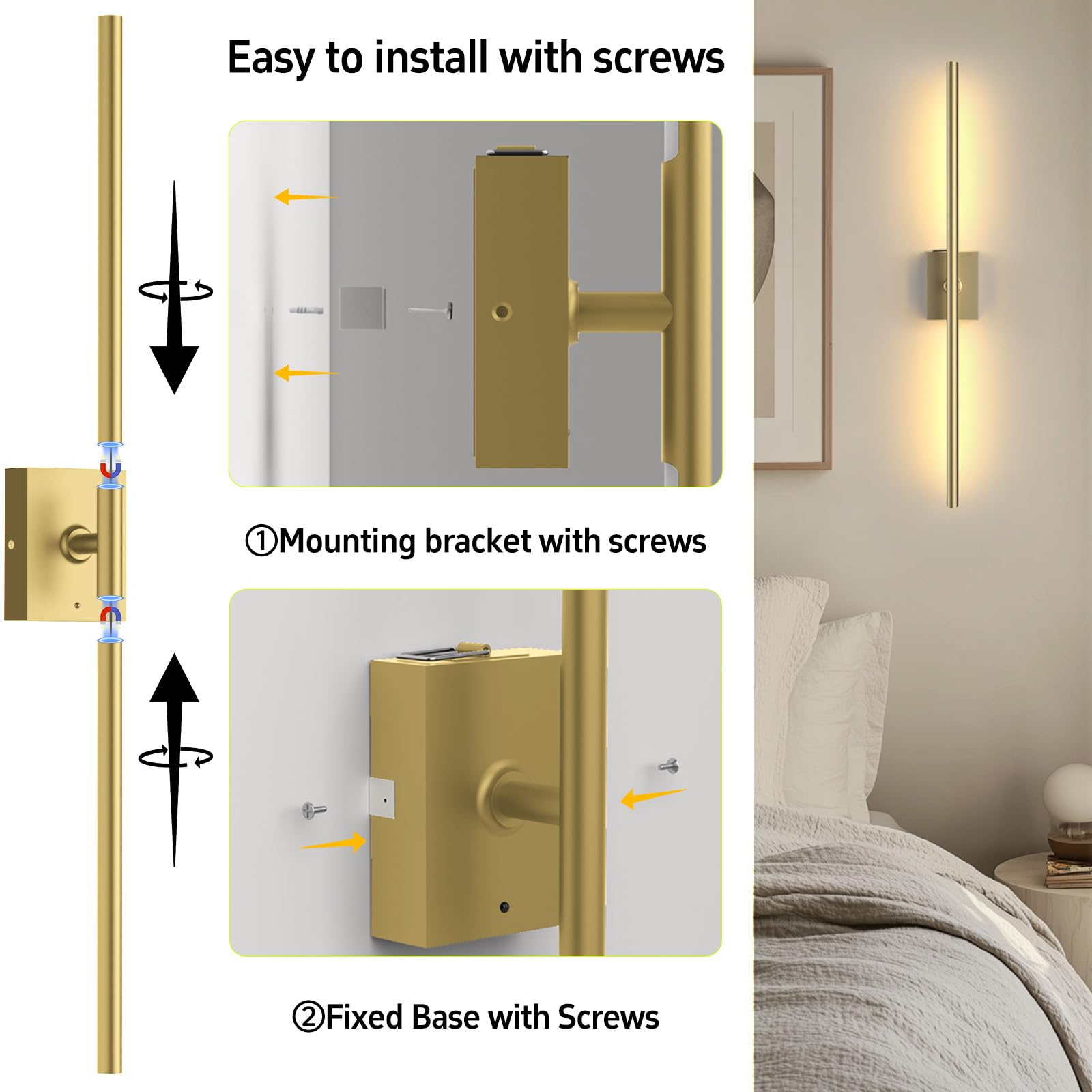 iThird Battery Operated Wall Sconces Set of Two, Dimmable LED Lights, 31.5inch, Gold, Remote Control, Model IT-LP-3272
