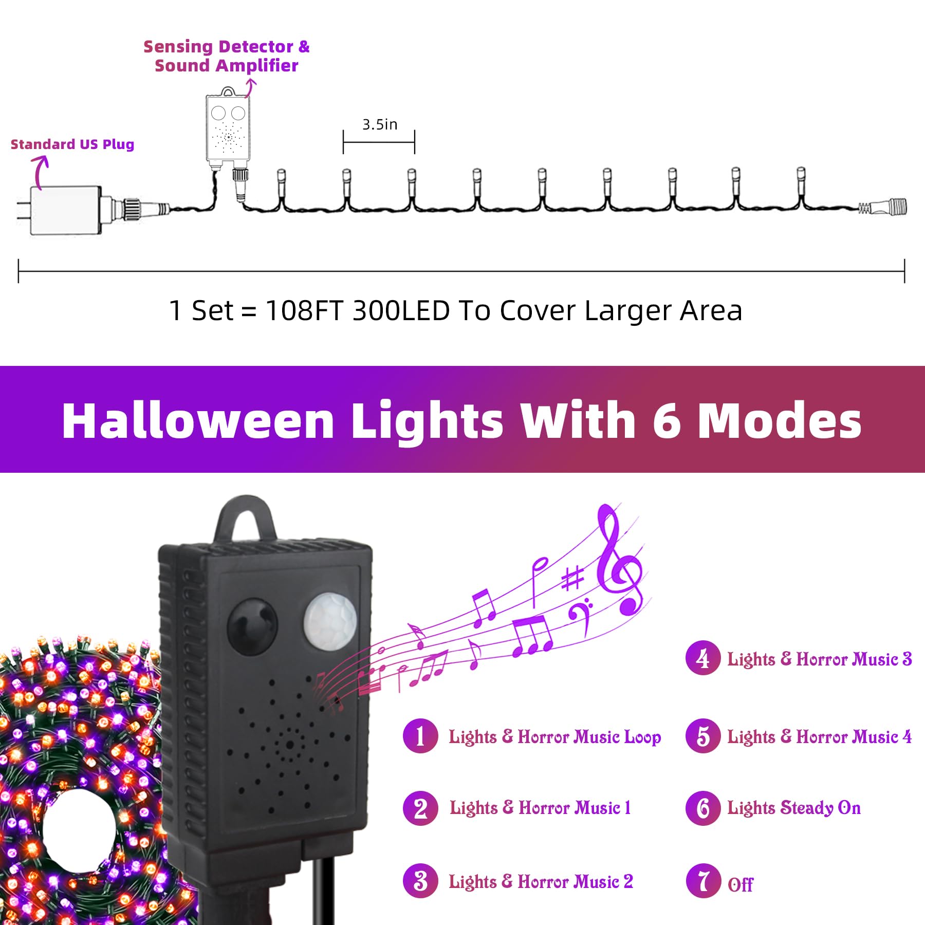 Chuya LED String Lights 300 Lights 105FT Waterproof Music Orange Purple Model QL300AE for Halloween Party Garden Christmas Decor