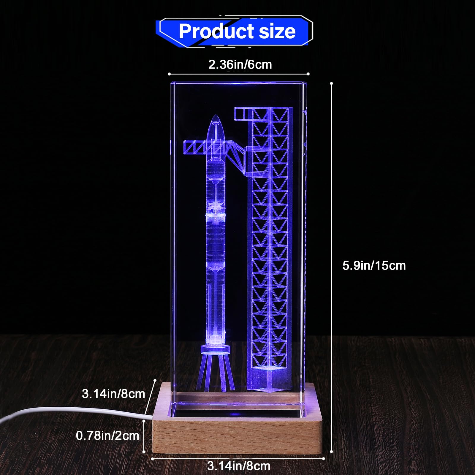 EMGTMS Y&Z SpaceX Starship Crystal Lamp, 3D Laser-Etched Night Light, Large, Multicolor, Model A12-1