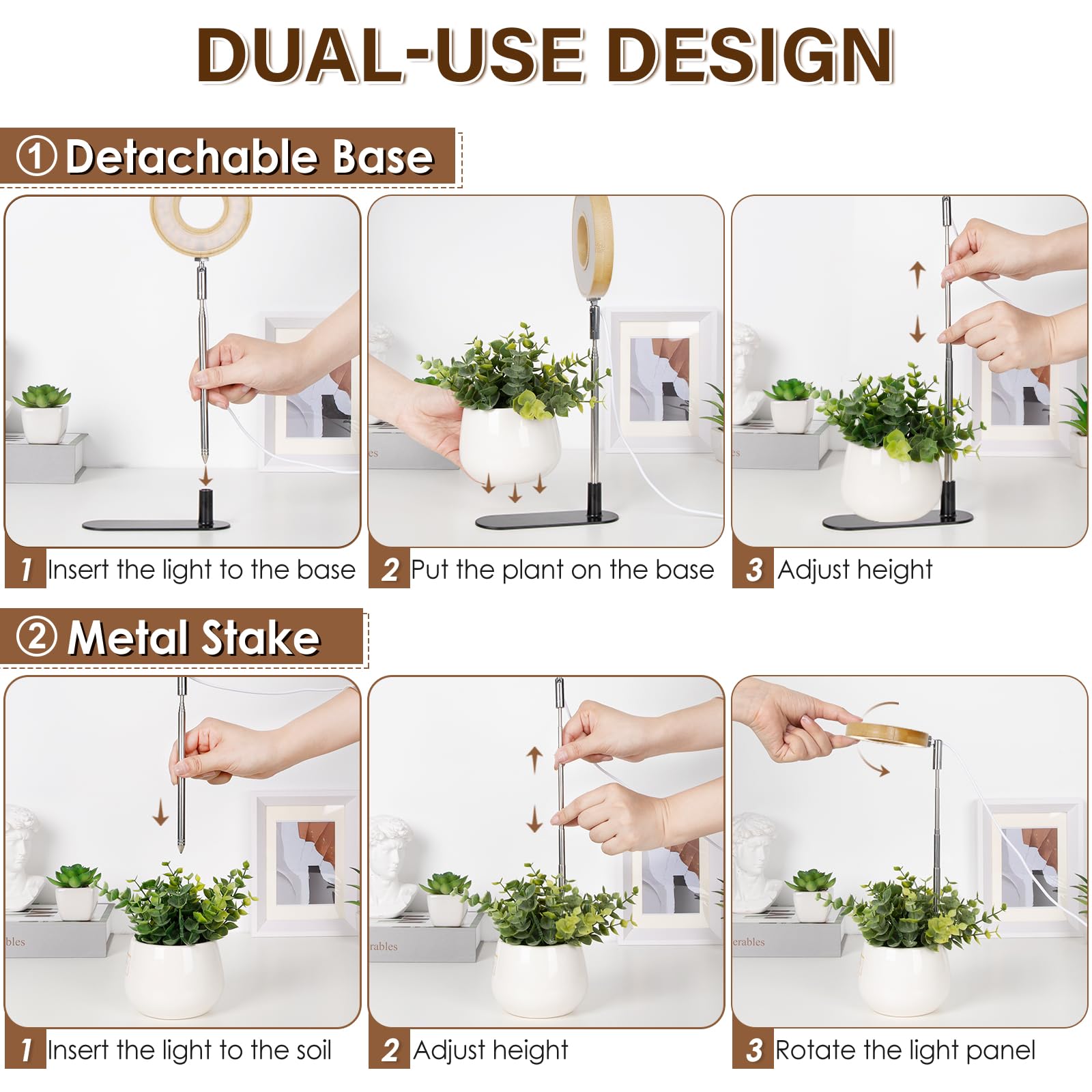 Lordem Bamboo Base Desktop Grow Light, Led Plant Lamp With Full Spectrum, 4 Adjustable Brightness Levels, 4H/8H/12H Auto Timer For Indoor Plants Growing, Height Adjustable 7.8&quot;-26&quot;, 2 Pack