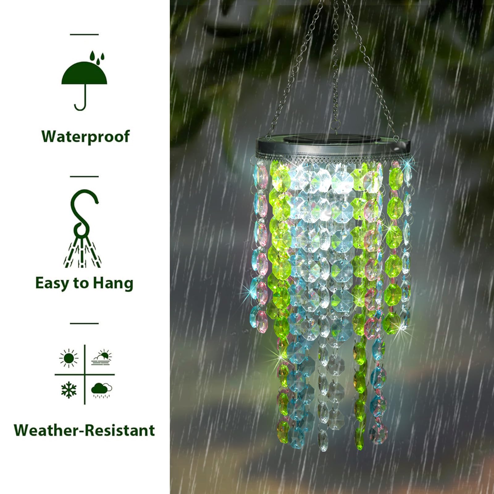 Hanging Solar Crystal Chandelier Outdoor, 21    Modern Solar Multicolor Acrylic Beaded Lantern With Cool White Led S Hooks For G