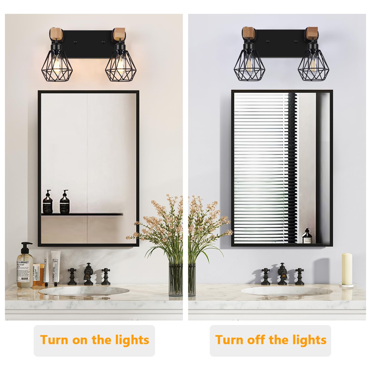 Fadimikoo 2-Light Rustic Style Wood Bathroom Wall Sconce  Farmhouse Vanity Lighting Fixture Fopr Bathroom  Industrial Wood Wall Light Over Mirror With Metal Shade  Bulbs Not Included