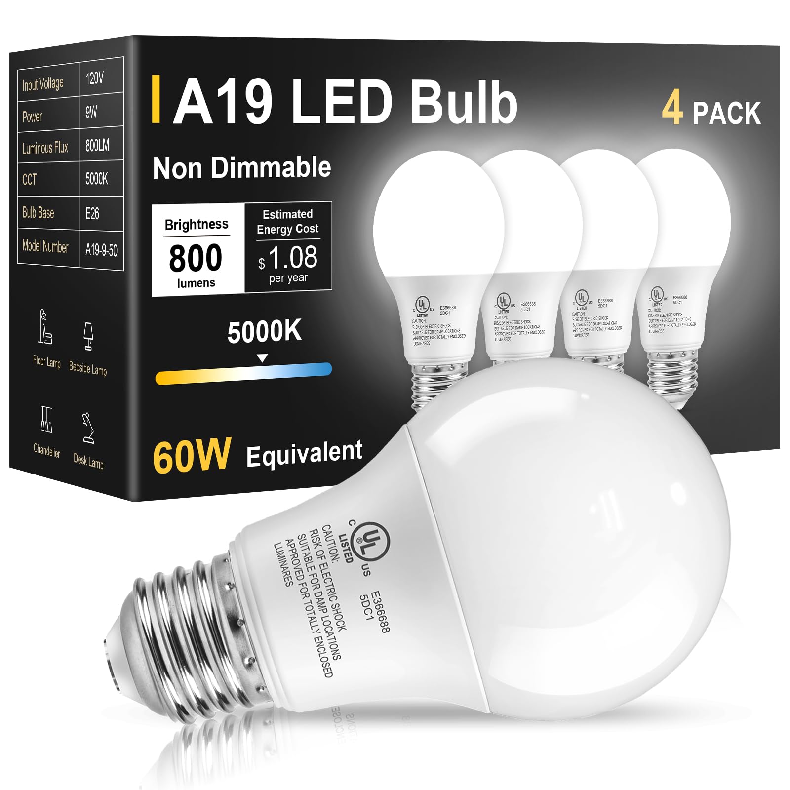 TJOY 4 Pack LED Light Bulbs 60 Watt Equivalent  Daylight White 5000K A19  Efficient 9W  E26 Standard Base  800 LM Energy Saving Lightbulbs for Home Bedroom Living Room Office  Non-Dimmable  UL Listed