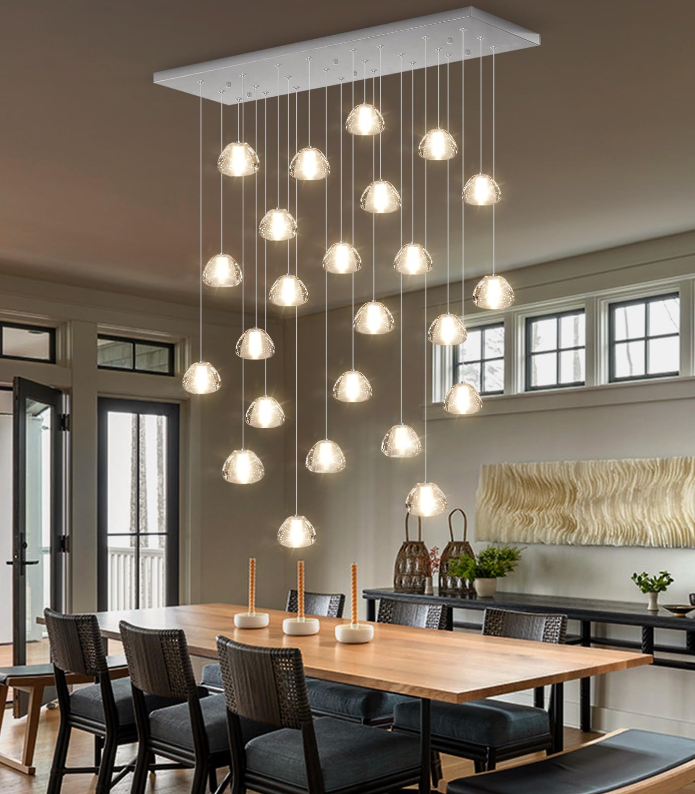 dolria 24-Lights Rectangular Crystal Chandelier, LED Pendant Light, Silver, Model PC0010-24Y, Ideal for Living Room, Hallway, Bedroom