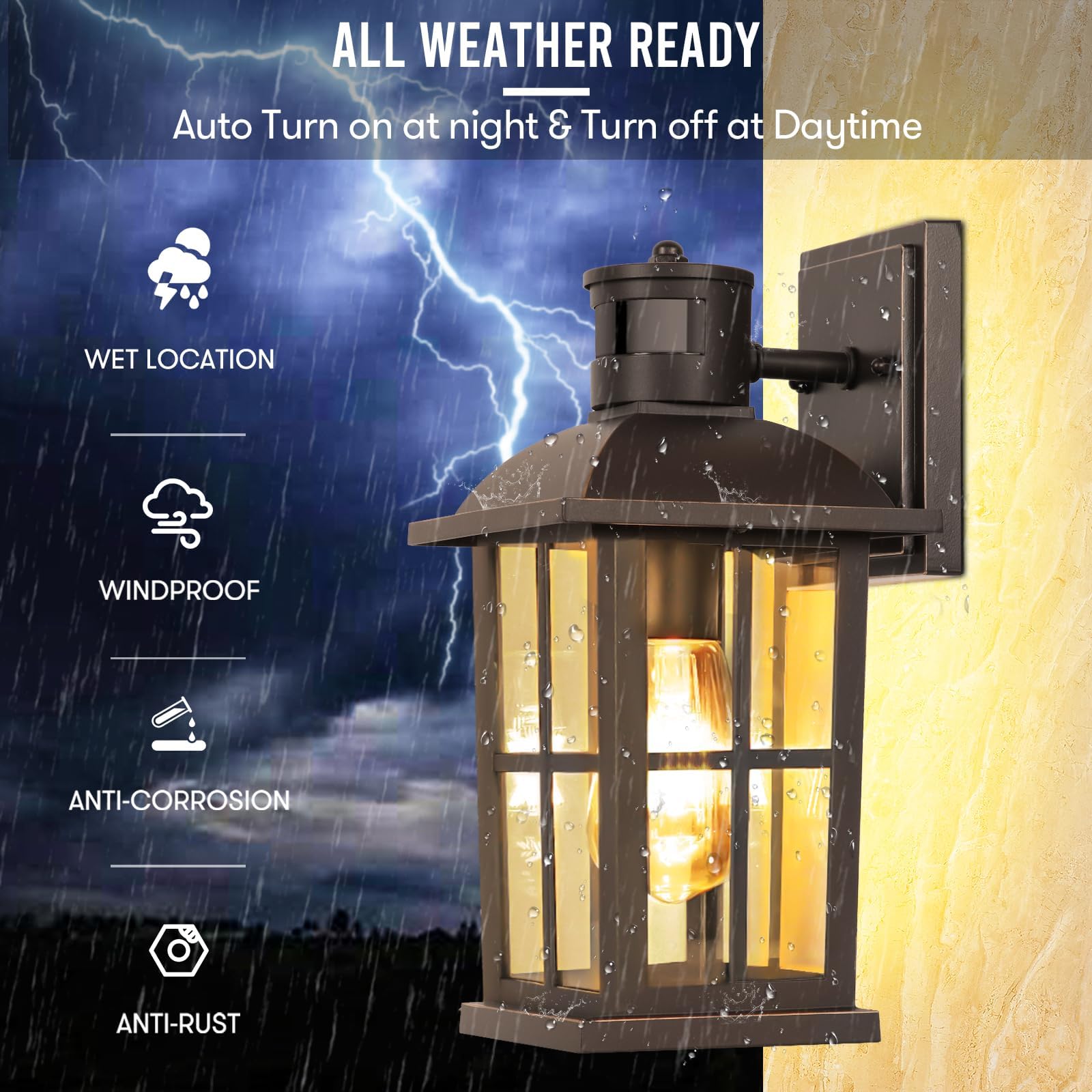 VerRon 13in Motion Sensor Porch Lights, 100% Aluminum, Oil-Rubbed Bronze, 2 Packs, Model A0728BGBB, Dusk to Dawn Outdoor Wall Lanterns