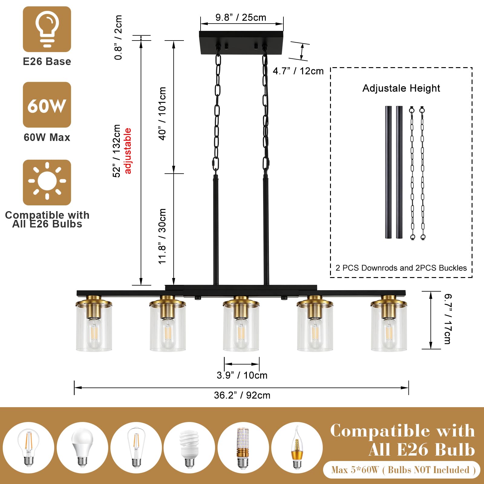 XvmBvm 5-Light Kitchen Island Lighting Chandelier, Modern Rustic Black and Gold, Clear Glass Shade, 36.2inch, Ideal for Dining Room