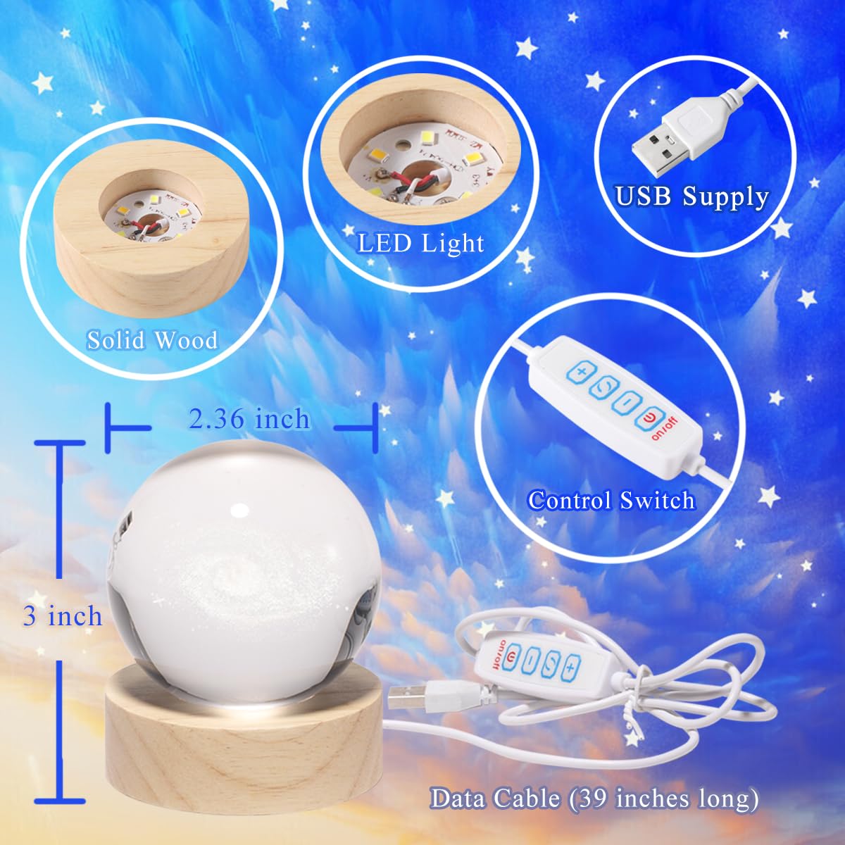 Hochance 3D Heart Crystal Ball Lamp With Adjustable Brightness Led Wooden Base Night Light For Kids Teens mature-themeds Birthday Gift Home Desk Office Bedroom Decor (6Cm / 2.4 )