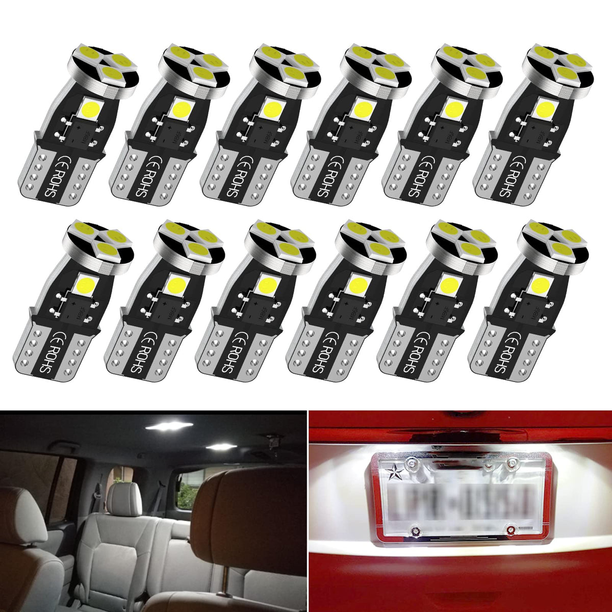 Giveubed T10 194 Led Car Bulbs,192 Led Car Bulbs,168 Led Lights Bulb, 5Smd 6000K White Led For Car Interior Dome Map Door Courtesy License Plate Lights W5W 2825 Led Lights Bulbs, 12Pcs
