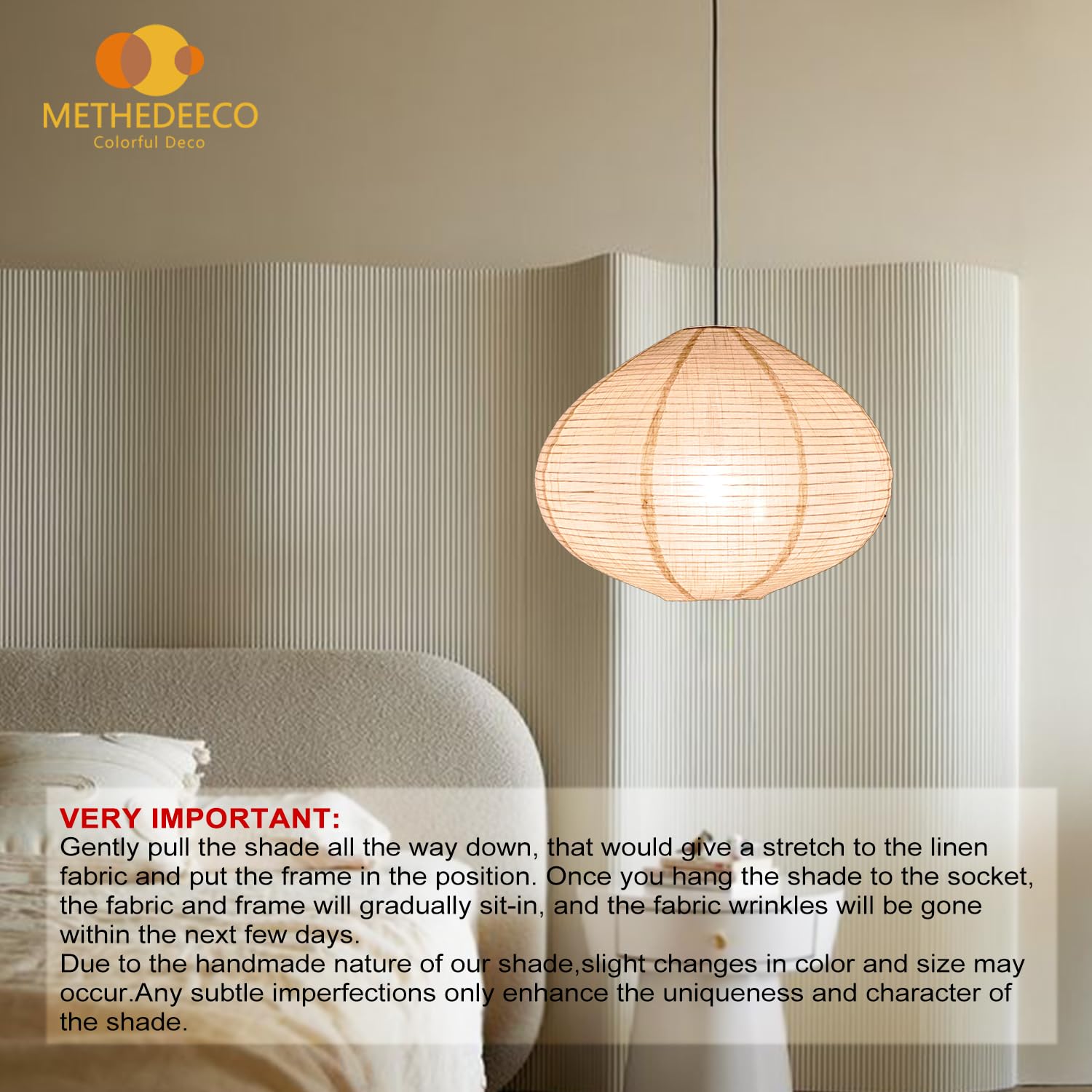 Methedeeco Hanging Fabric Lamp Shade, 16 Beige Linen Pendant Light, Minimalist Design For Bedroom, Living Room, Kitchen