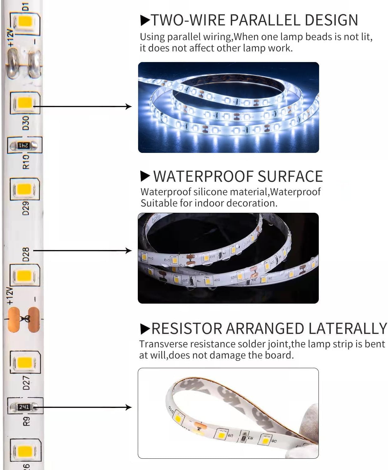 JUNWEN 50ft LED Strip Lights, Waterproof Dimmable SMD2835, Daylight White, Indoor/Outdoor Use, Flexible, Cuttable