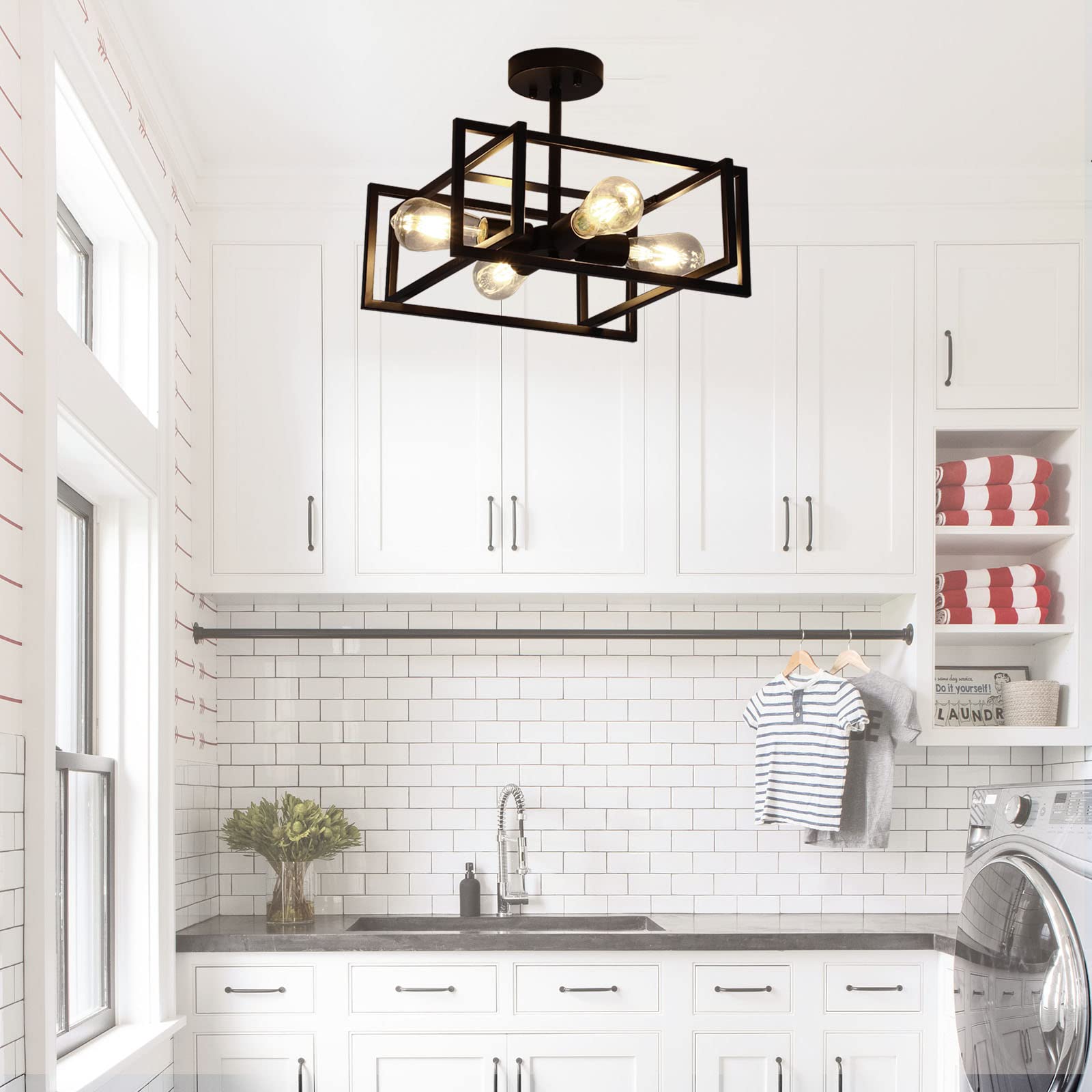 Minyuco 4-Light Black Metal Ceiling Light Fixture - Industrial Farmhouse Chandelier for Kitchen, Living Room, Bedroom, Hallway
