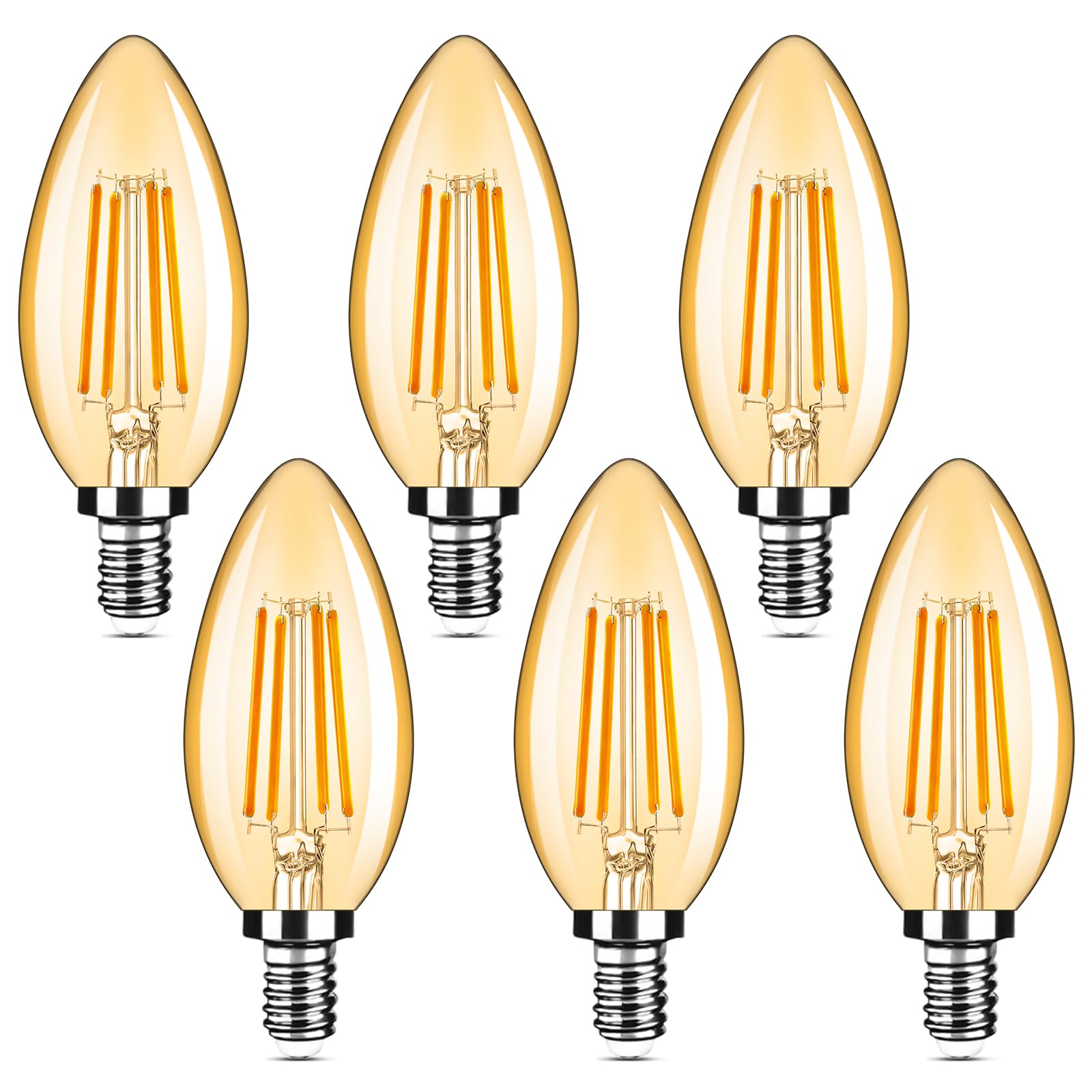 6-Pack Dimmable E12 Led Candelabra Bulbs 40Watt Equivalent, 2200K Amber Warm White, 380Lumens, 4W B11 Amber Chandelier Light Bul