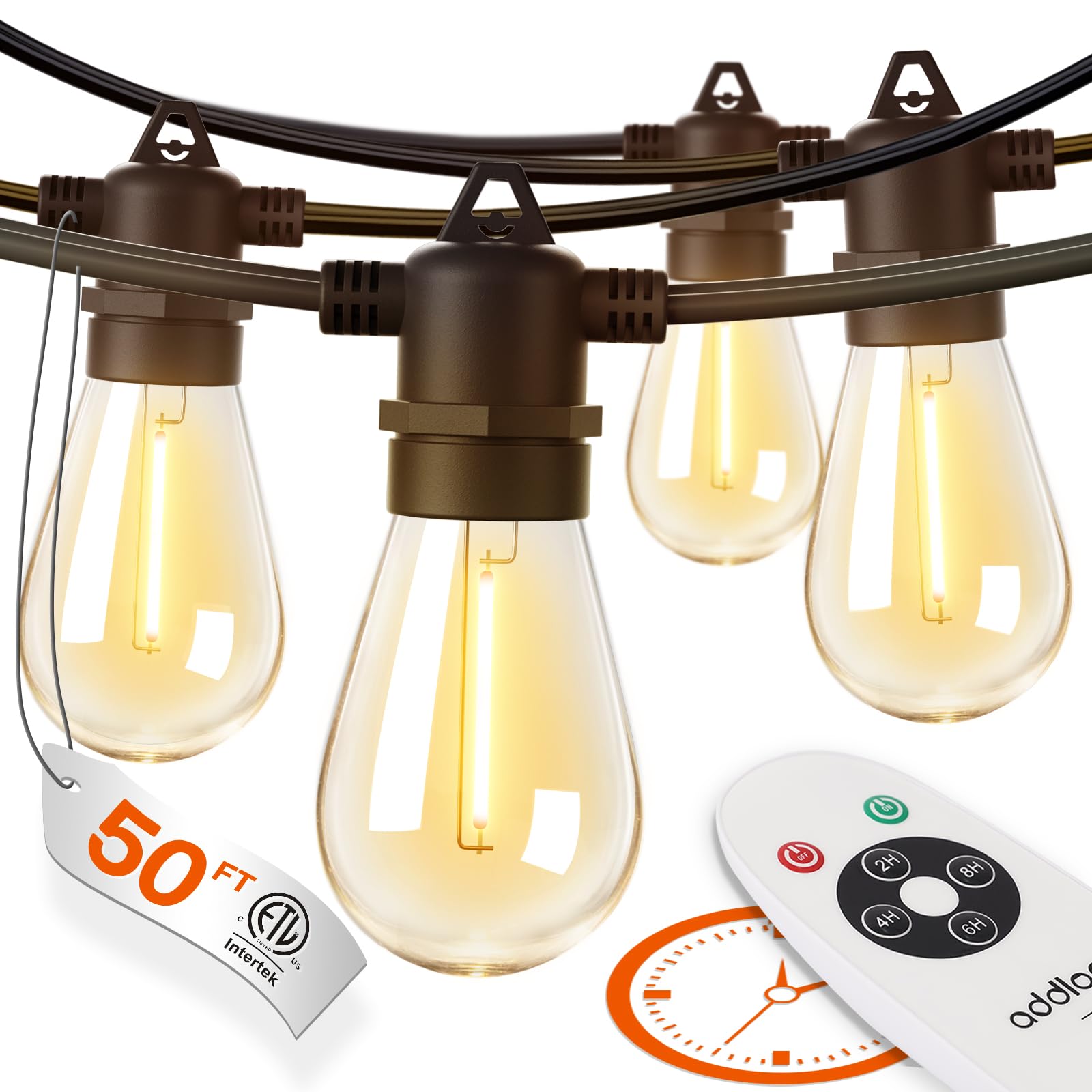 addlon LED Outdoor String Lights with Timer, 50FT, Black, Shatterproof Bulbs, Weatherproof, Commercial Grade