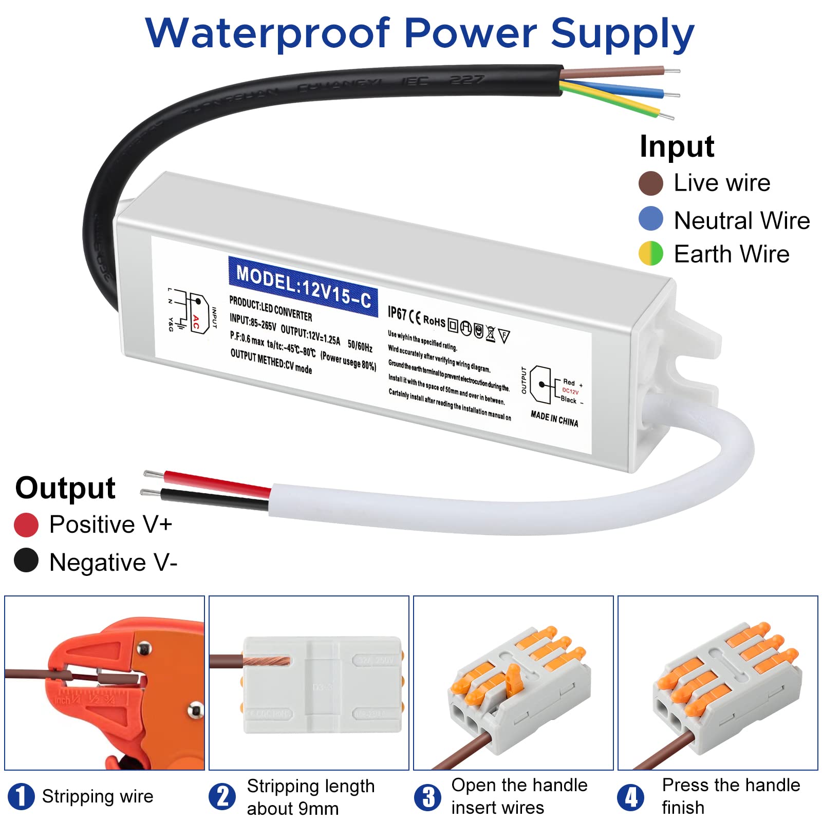 Karyoosi 12V 15W Waterproof LED Driver Power Supply, IP67, 110V AC to 12V DC, Silver for Indoor/Outdoor Lighting Applications