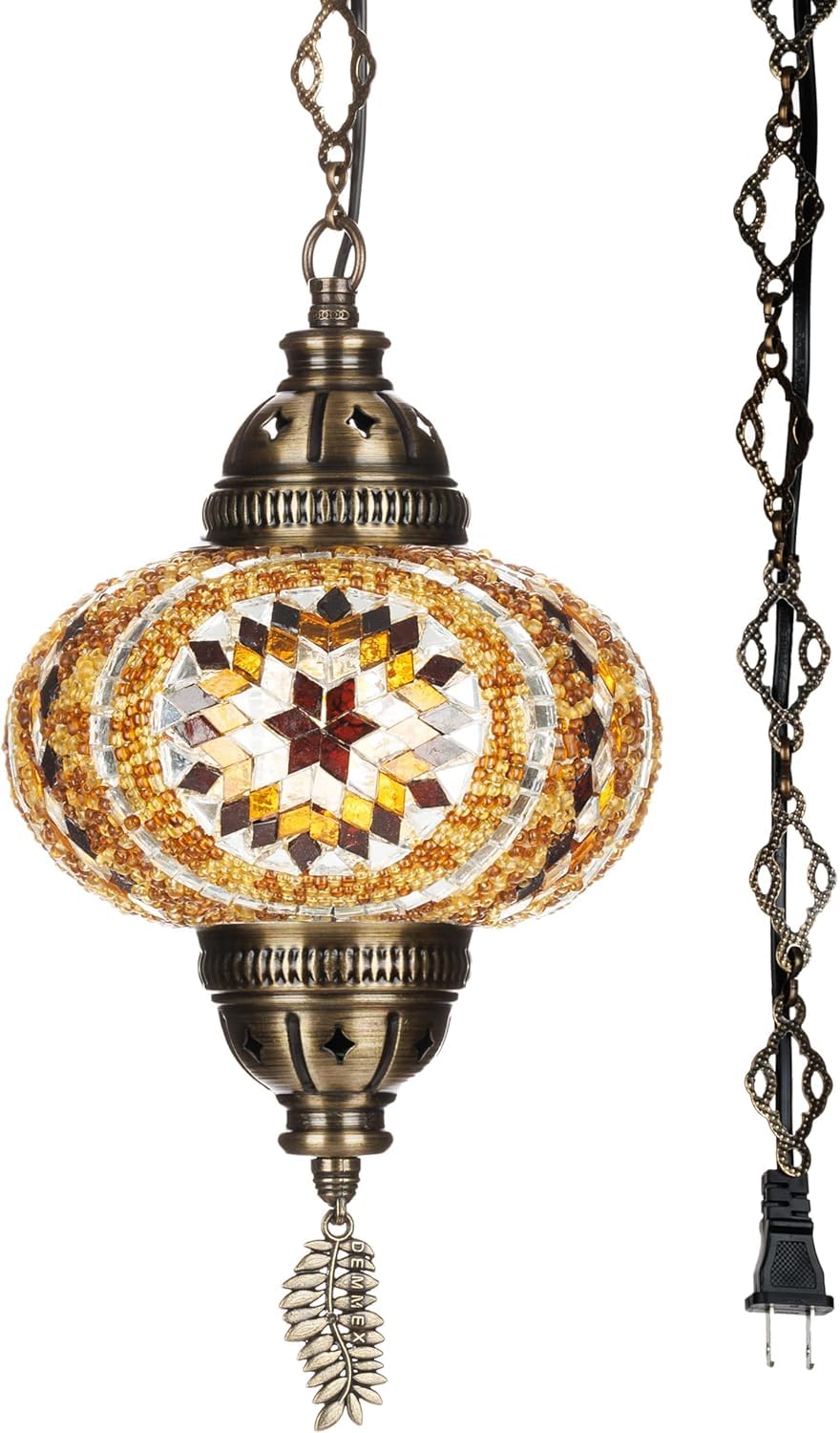 Demmex Plug-In Turkish Moroccan Mosaic Hanging Pendant Ceiling Light - Swag Lamp Fixture With 15Ft Cord & Chain, Handcrafted Gla