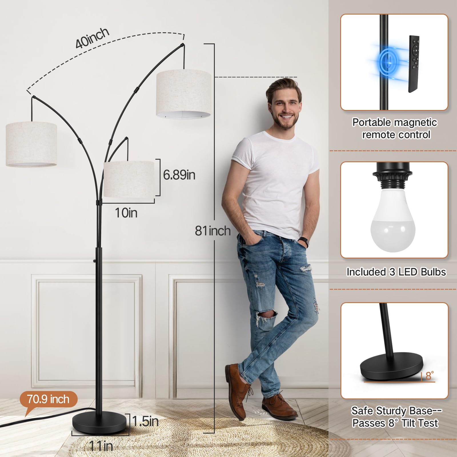 Outon Arc Led Floor Lamp With Remote Control, Dimmable Modern Black 3 Light Arched Tall Floor Lamp, Mid Century Adjustable Stand