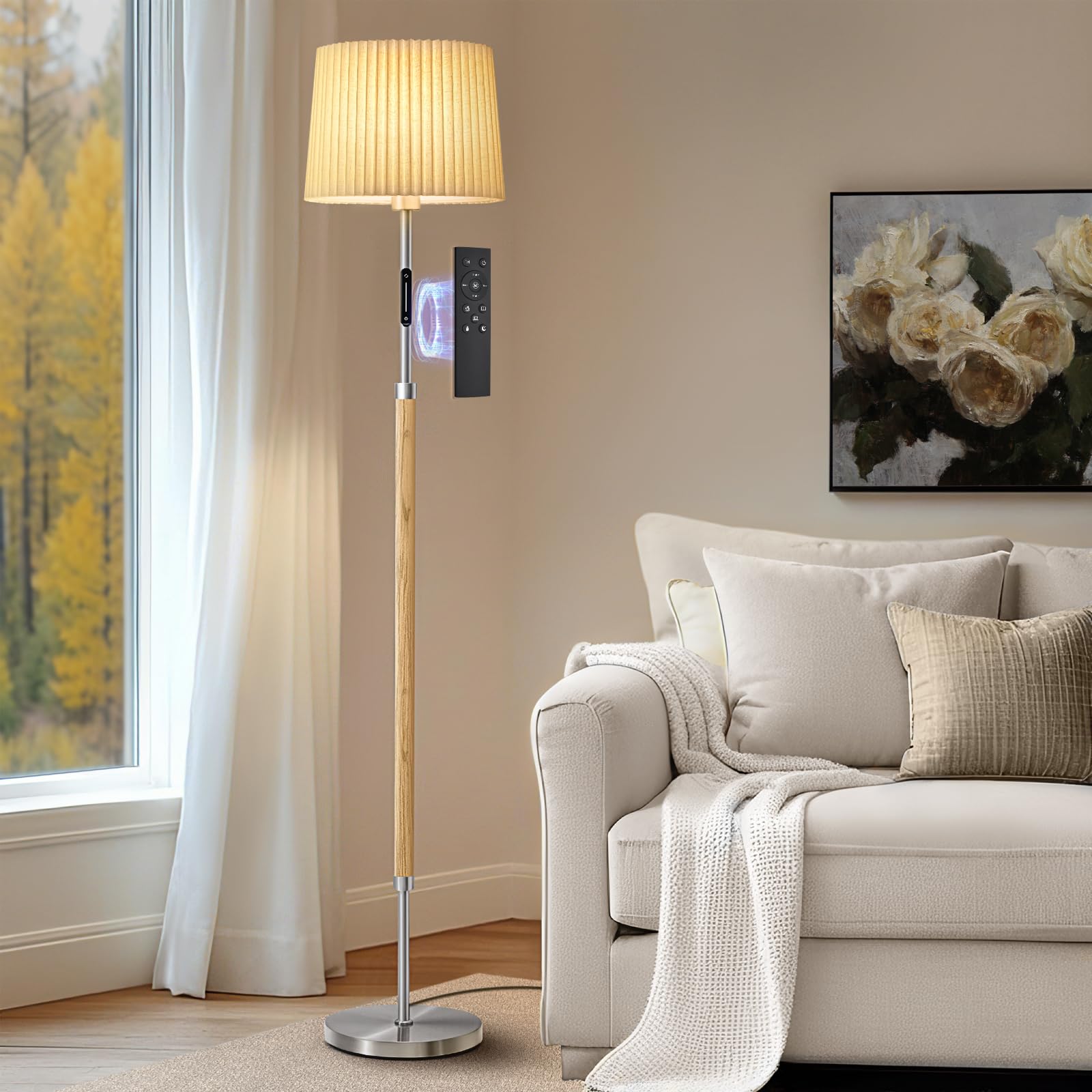 Jeagop 61in Wood Floor Lamp with Remote, Touch Control, Stepless Dimmable, Silver, Model WOFL-2PLS, Modern Farmhouse Design