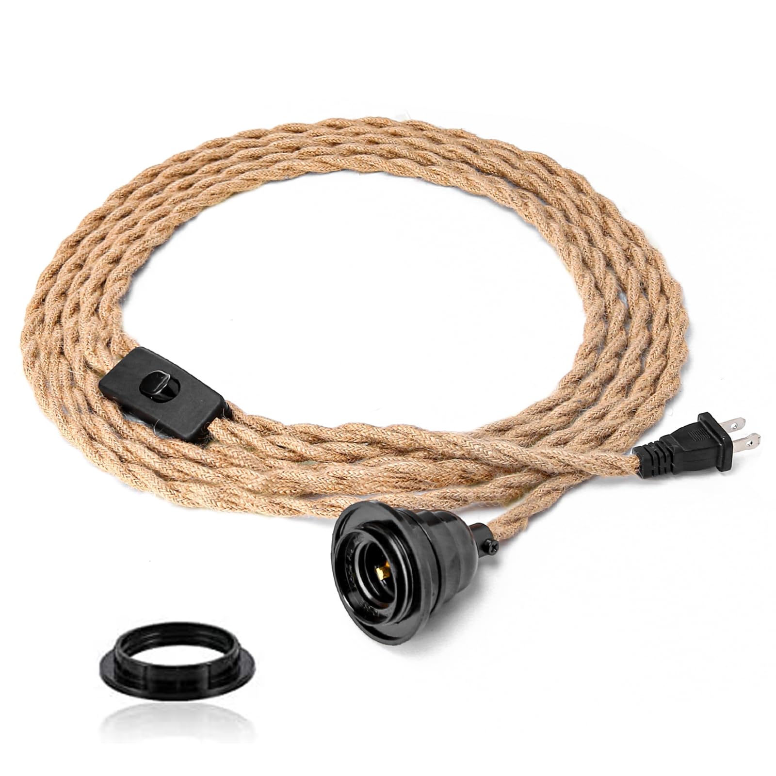 FRIDEKO HOME Industrial Pendant Light Kit, 15ft Twisted Hemp Rope, E26/E27 Socket, Vintage Fabric, Hemp Rope Brown, 1 Pack