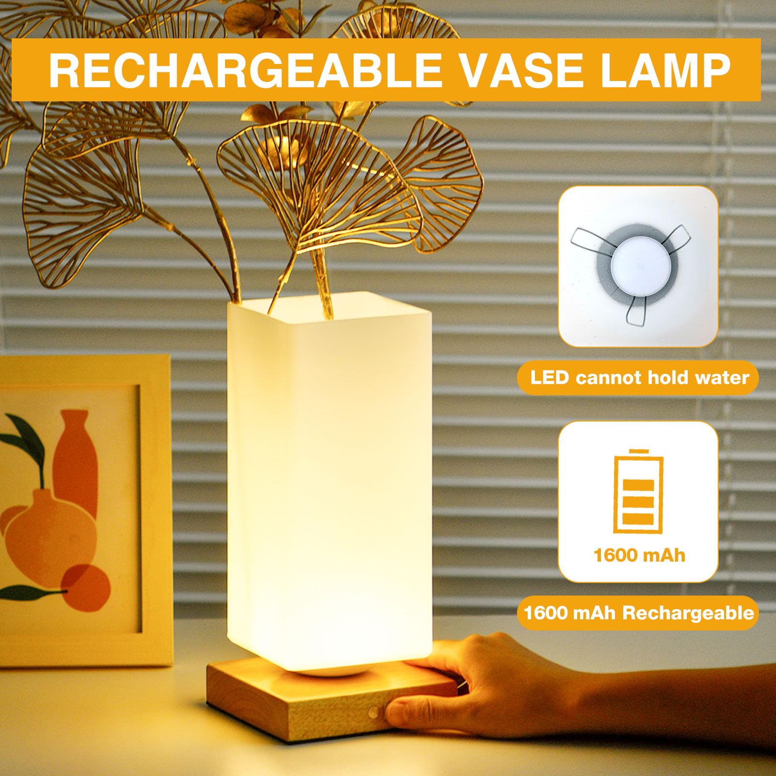 Floresita Rechargeable Touch Table Lamp, Dimmable 3 Colors, Frosted Glass Shade, Wood Base, White